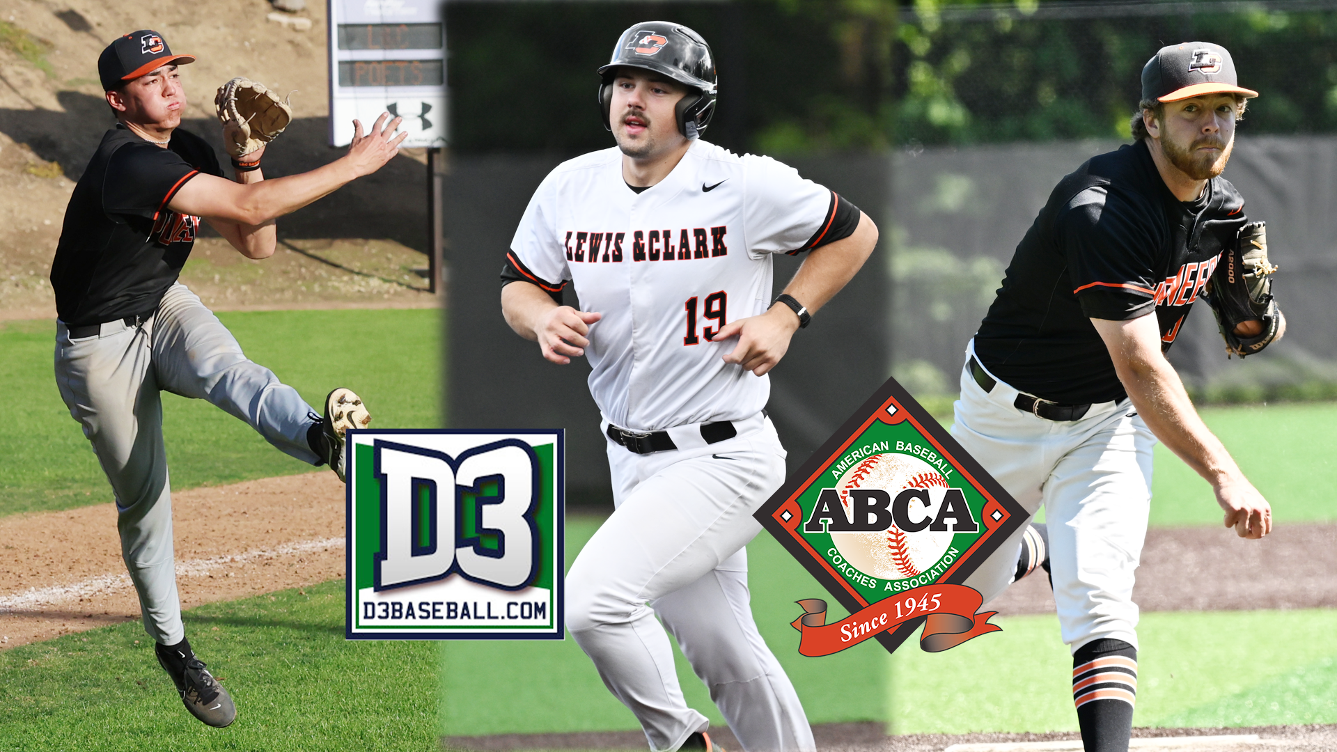 Michael Aikawa throws the ball while jumping (left), Will Heron trots around the bases after a home run (center) and Nate Kerr (right) throws a pitch
