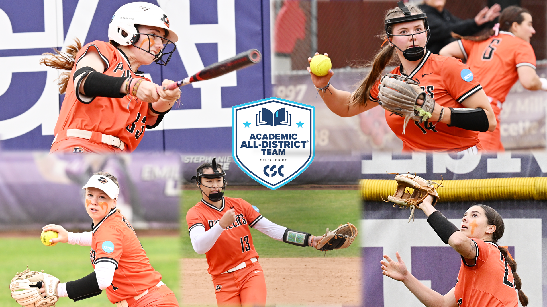 All five Softball players who earned All-District honors pose for action shots