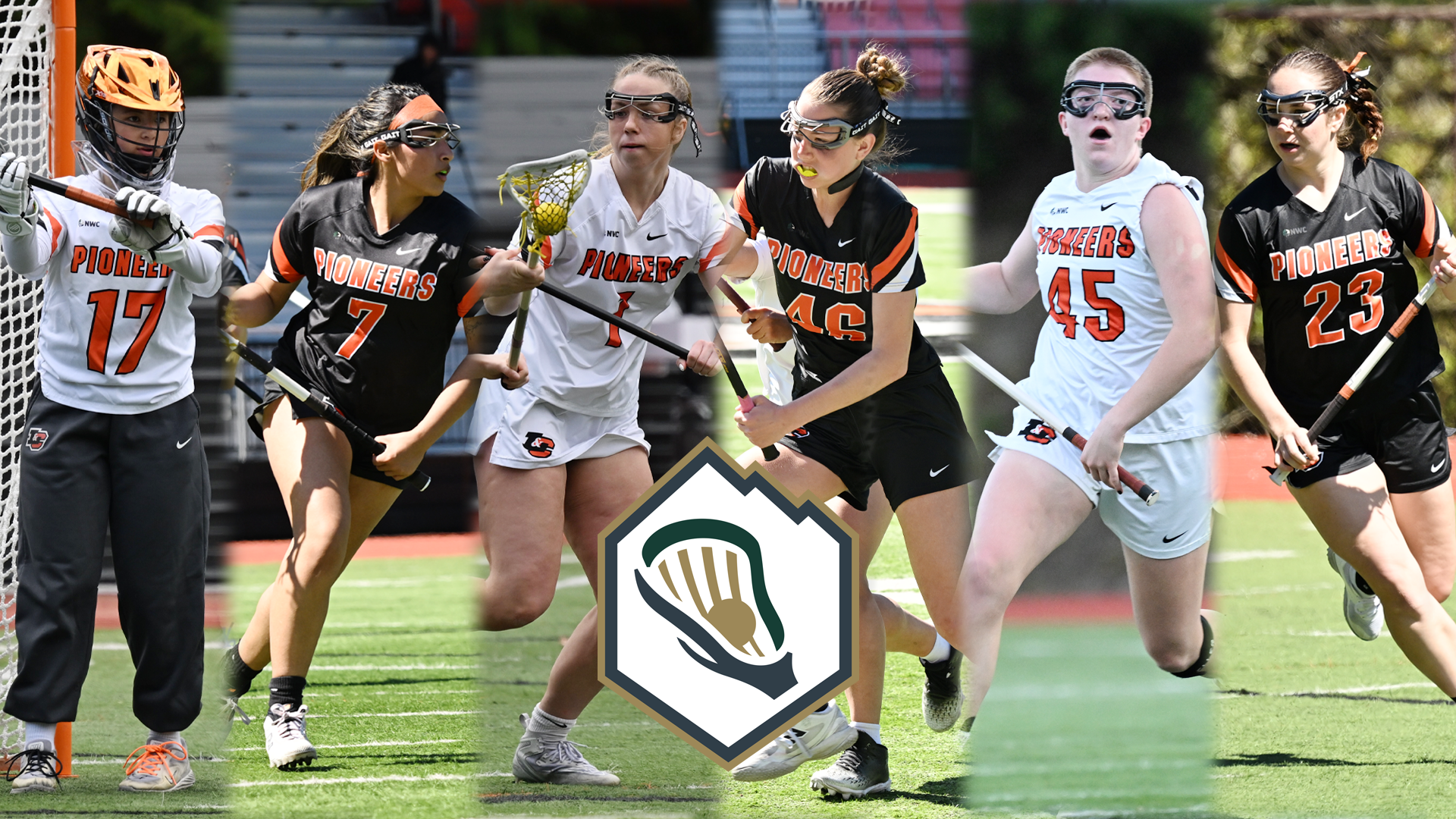 From left to right: Kaitlin McRae, Aviana Gonzales, Kate Meinhard, Lauren Elliott, Mack Searle and Sage Swegle are shown in various actions shots during a lacrosse game.