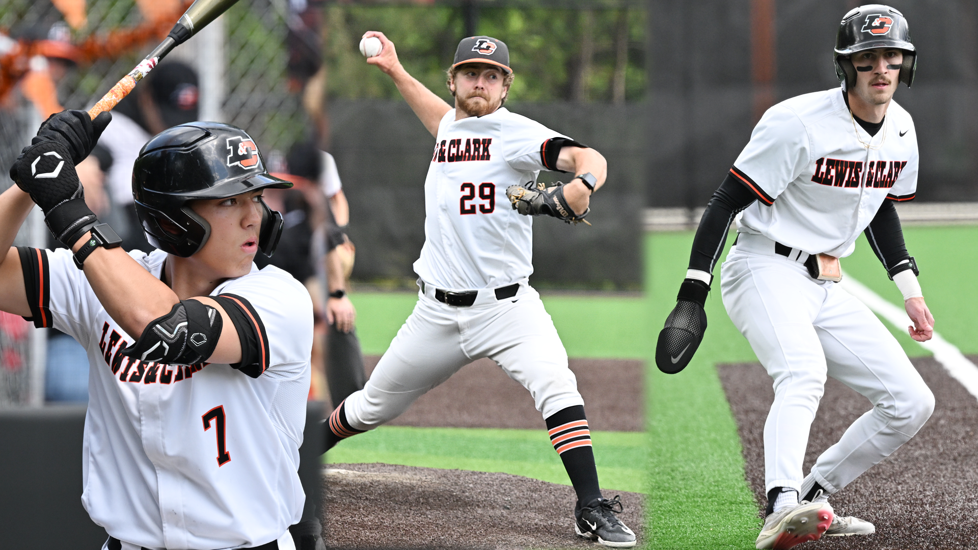 Michael Aikawa gets ready for the pitch (left), Nate Kerr throws a pitcher (center) and Justin Cavagnaro stands at third base ready to run home (right)