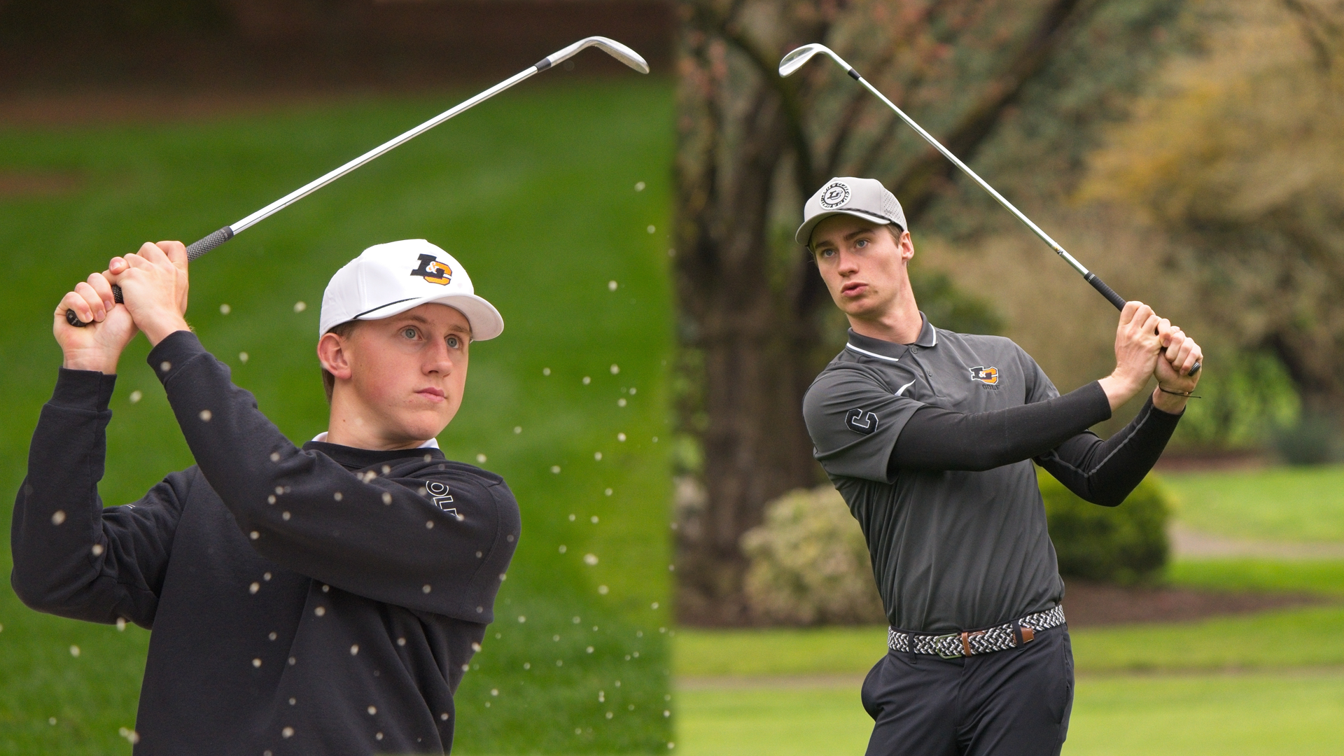 Luke Blankinship hits a shot out of the bunker (left) and Jon Westlake watches his iron shot fly (right)