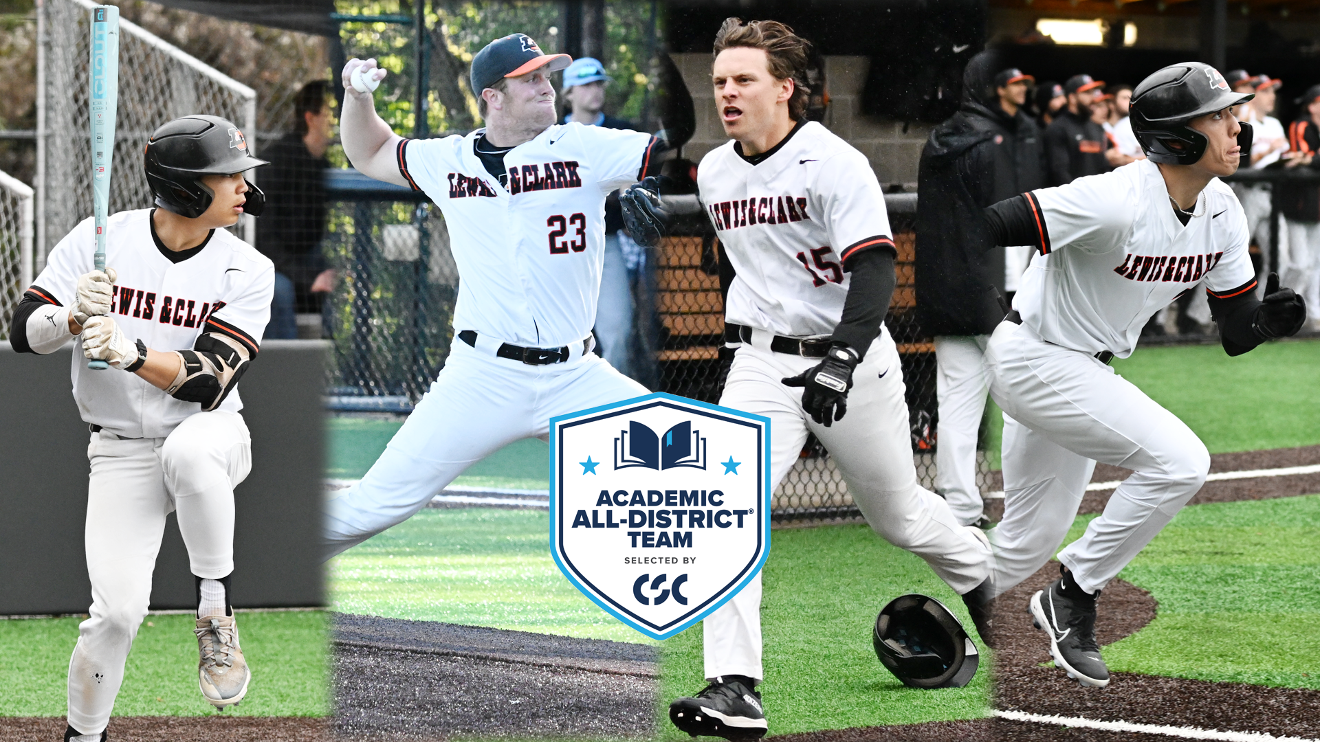 Brandon Gonzaga waits for the pitch to be thrown (far left), Bret Potter throws a pitch (middle left), Joaquin Sandoval celebrates hitting a home run (middle right), Michael Aikawa runs to first while watching the ball he hit fly towards the fence (far right)