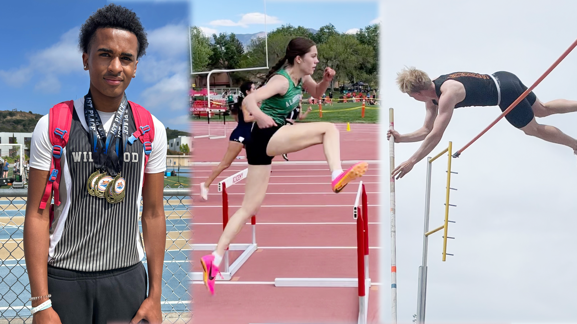 Zane Bryant poses with his medals after a HS meet (left), Sofia Figueroa jumps over a hurdle (middle), Duncan O'Kelly jumps over the pole vault (right)