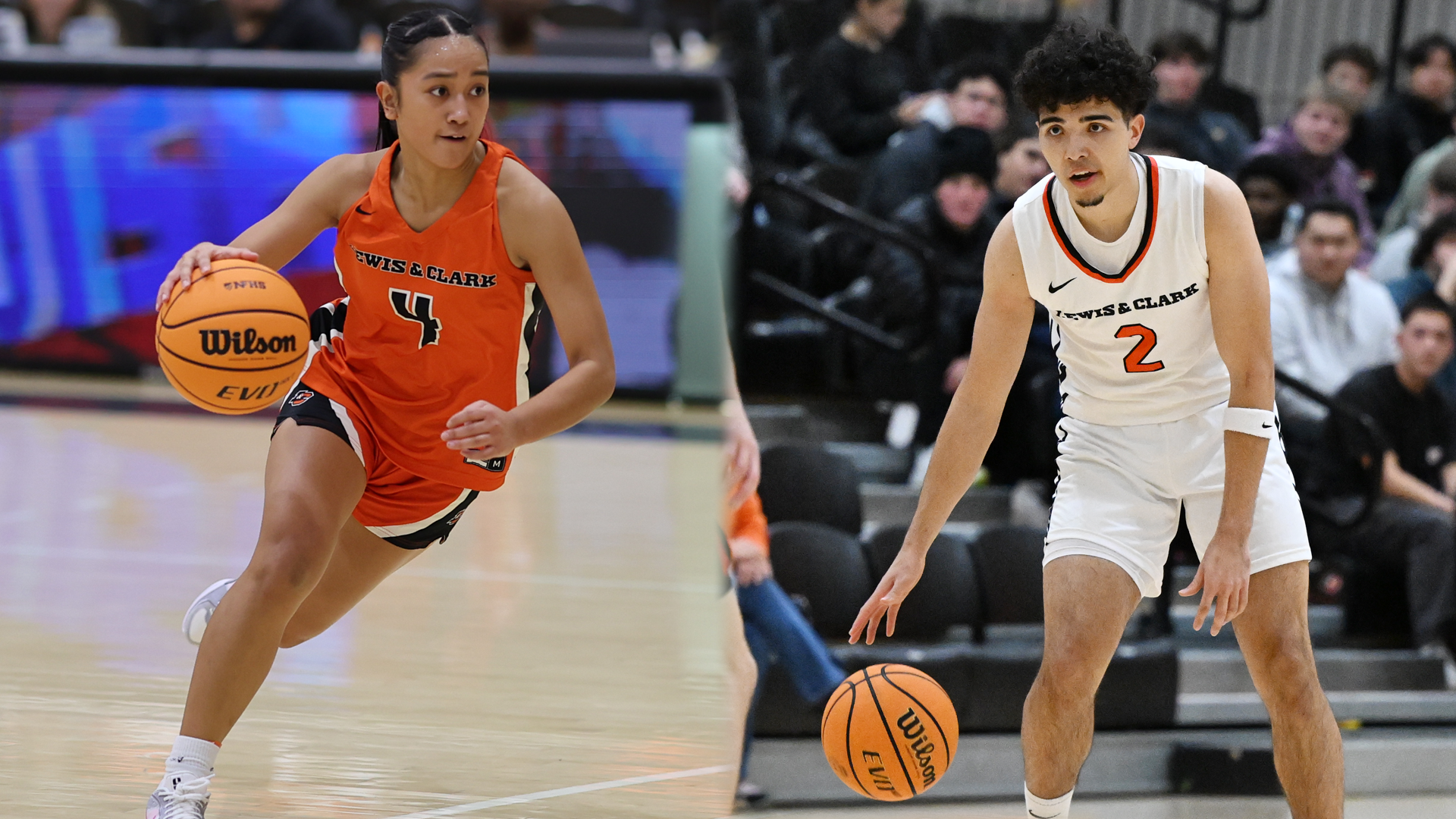 Tatiana Rebanal (left) and Taien Jackson (right) dribble a basketball