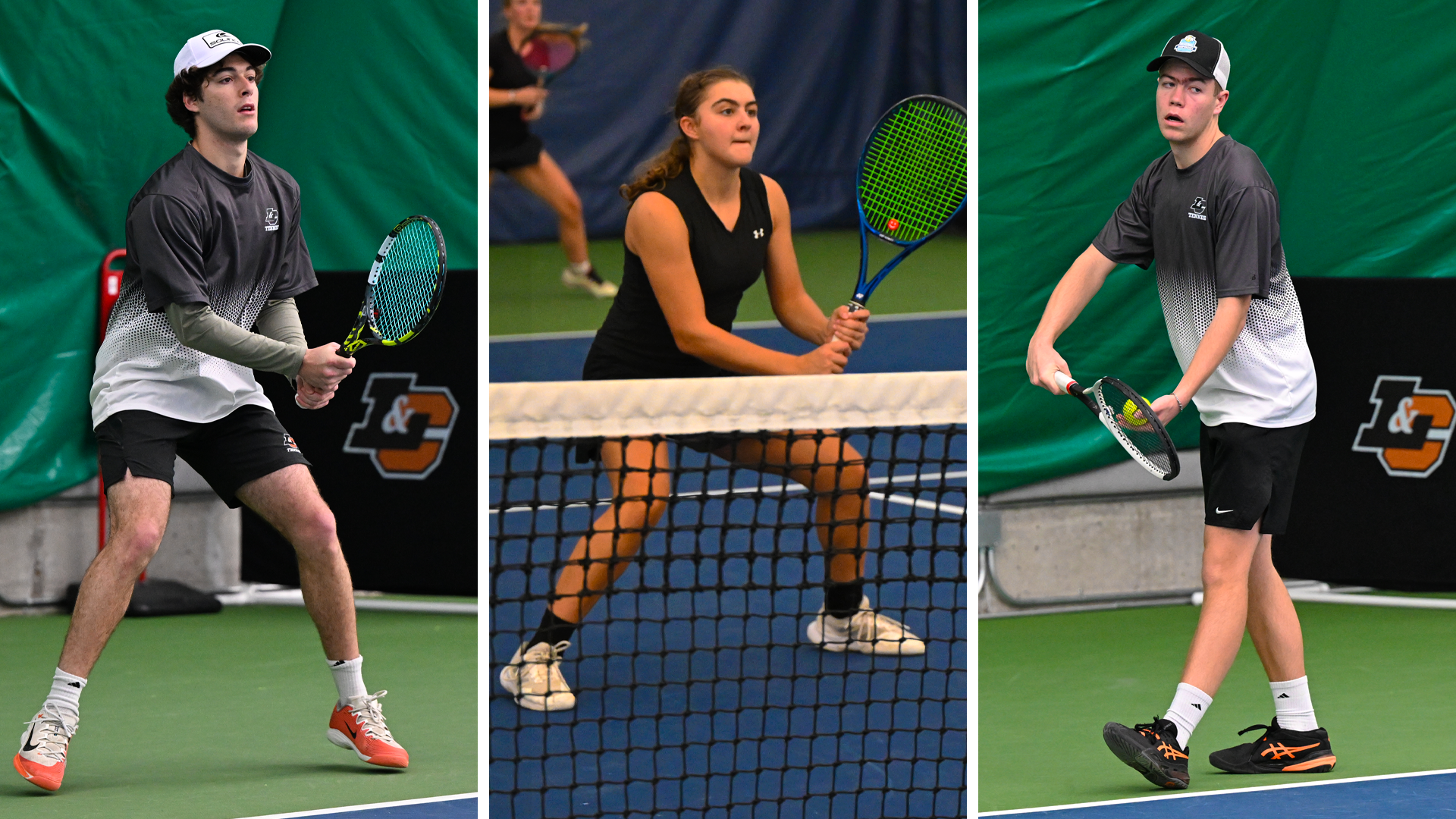 Noah Sutin, Sonya Drayton and Kaden Sigurdsson are all on the tennis court ready for play to begin. 