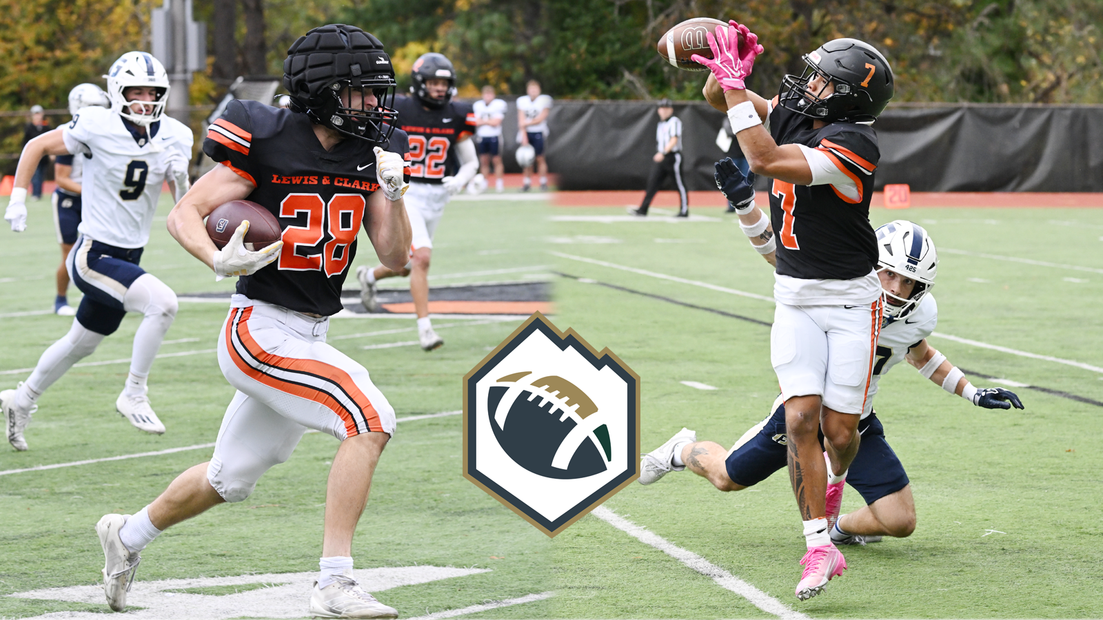 Charlie Murrin runs down the field after intercepting a pass (left) and Sytyn Lasconia catches the ball over a falling Bruins defender (right)