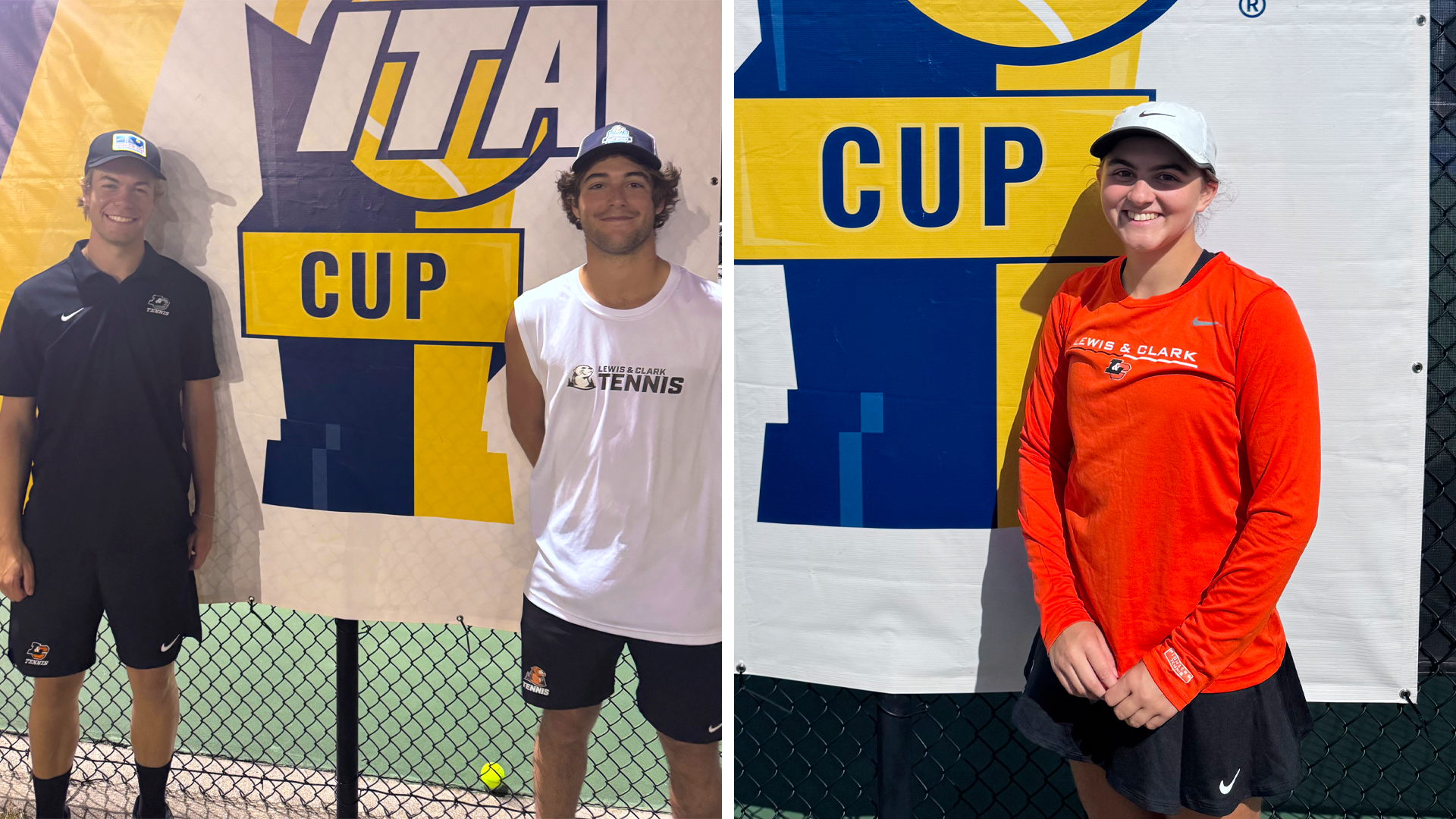 Kaden Sigurdsson, Noah Sutin and Sonya Drayton stand in front of an ITA Cup sign. 