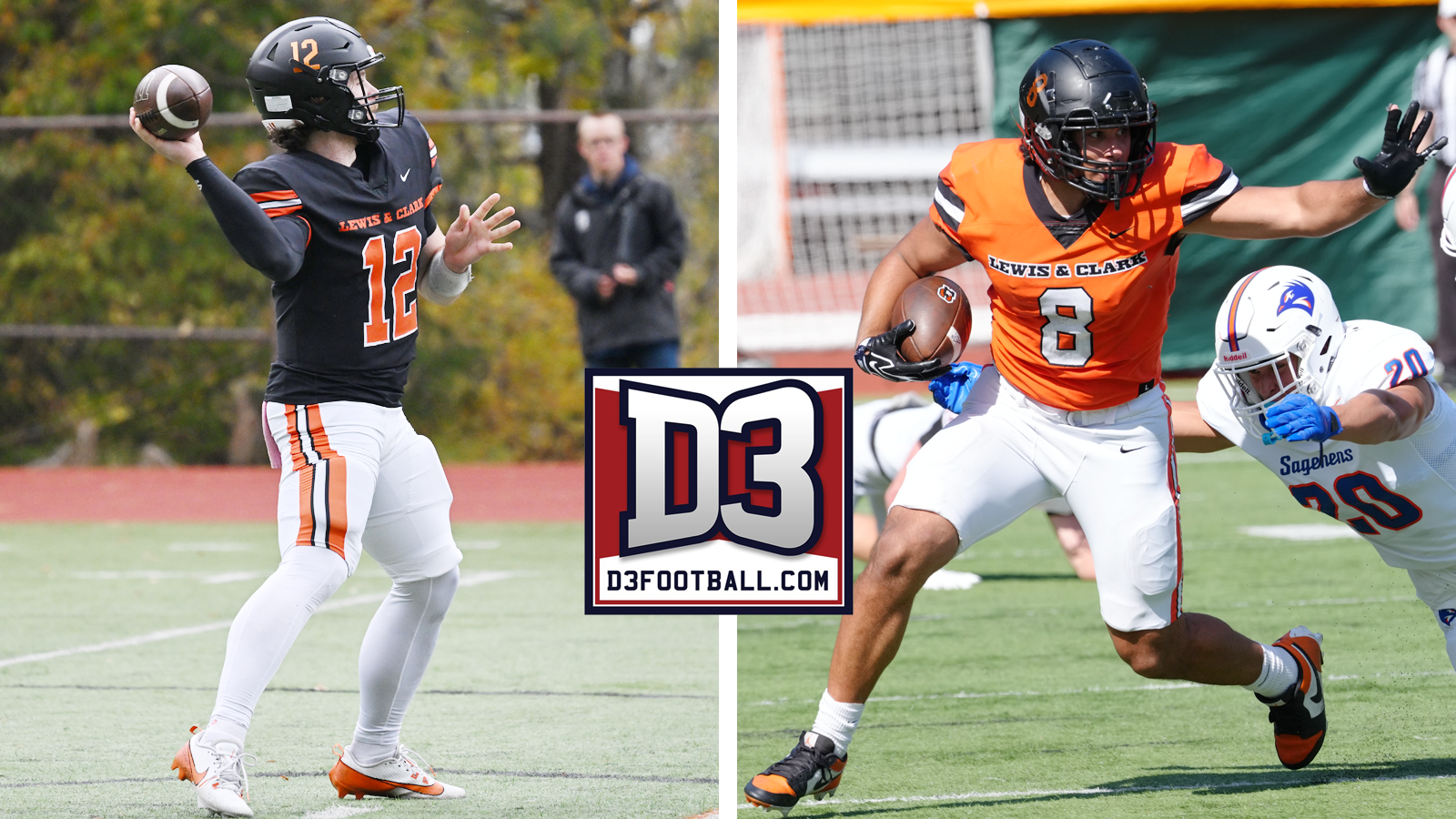 Sam Simril gets set to throw a pass and Julius Walker runs with the ball and stiff arms an opponent