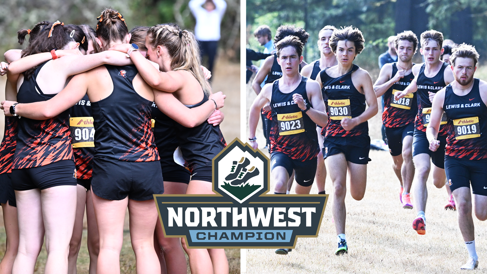 Women's cross country huddles up (left) and the men's cross country jogs together while warming up (right)
