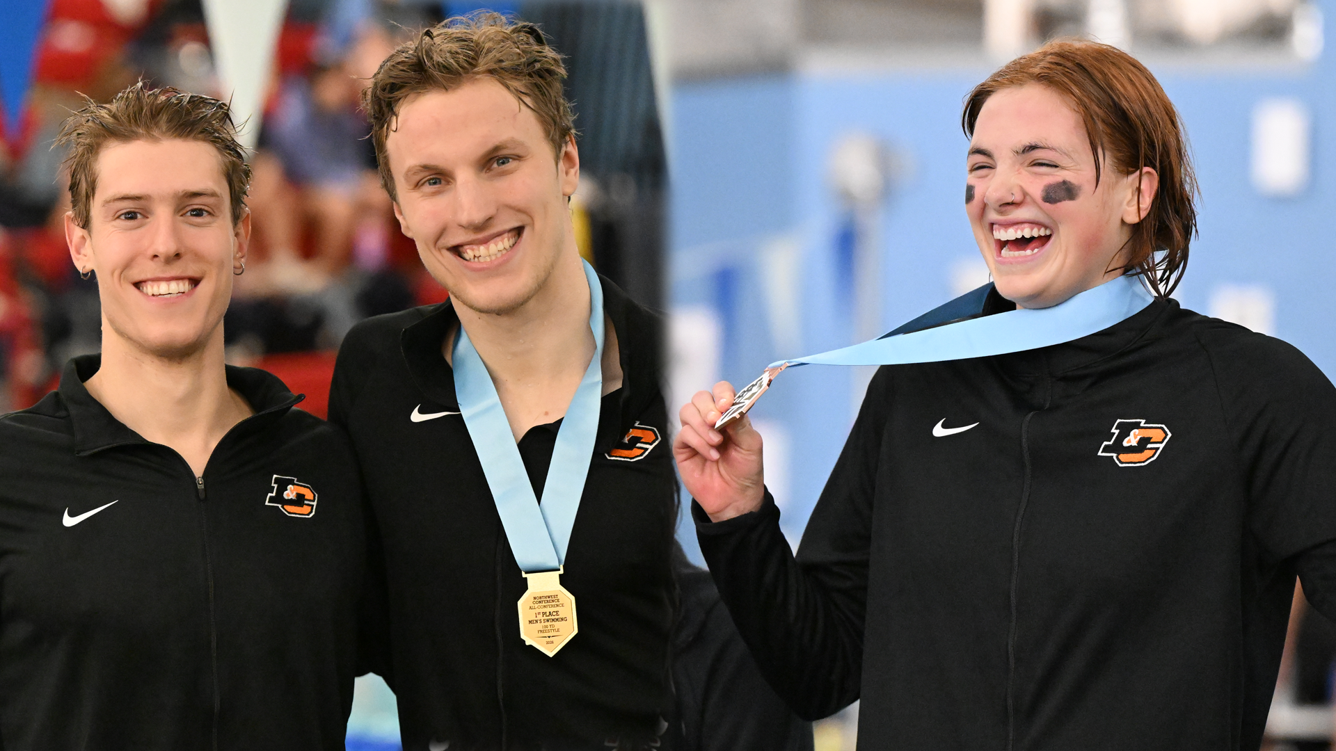 Ezra Billings and Zach Martin pose after finishing 1st and 7th in the 100 Free (left) and Elise Barton is all smiles after placing 3rd in the 100 Free