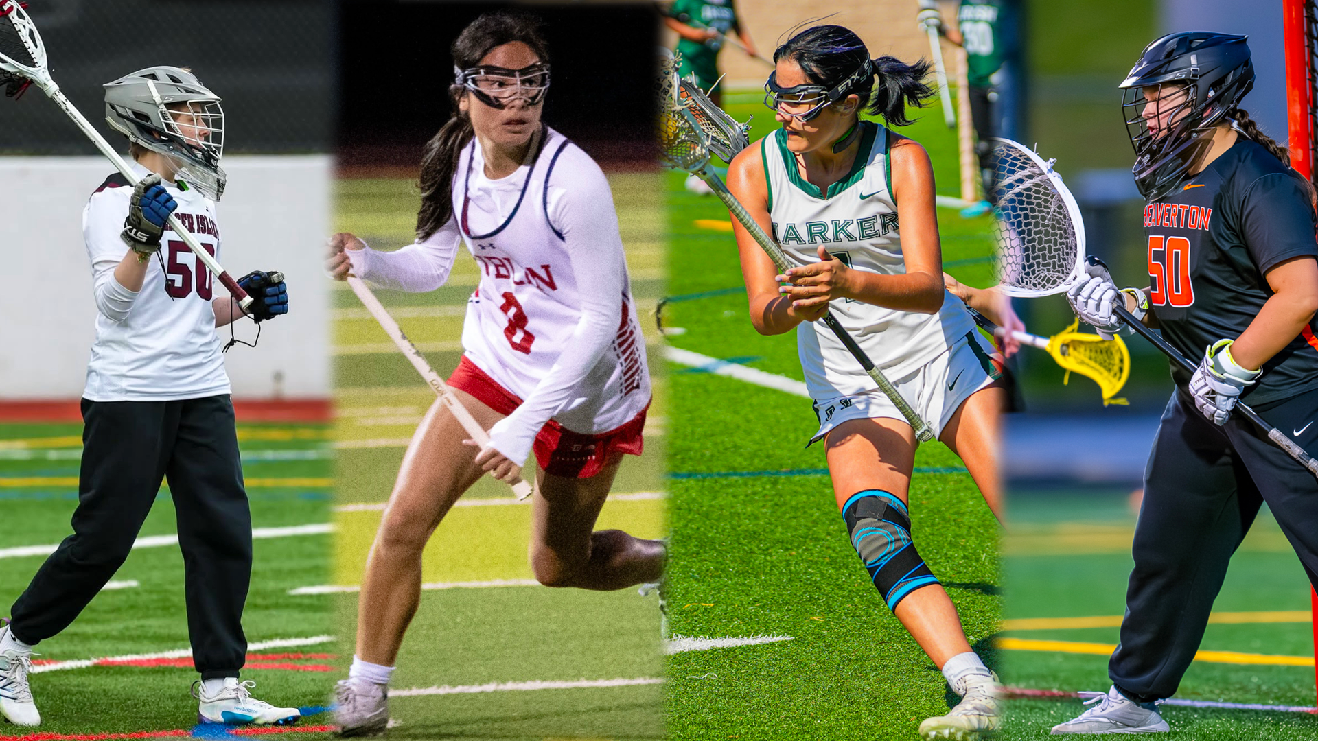 Merrick Loeffler, Ala Cross, Chayce Milheim and Phoebe Labuhn are shown playing for their high school lacrosse teams. 