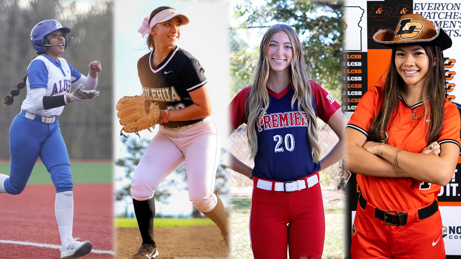 4 softball incoming players pose for a photo
