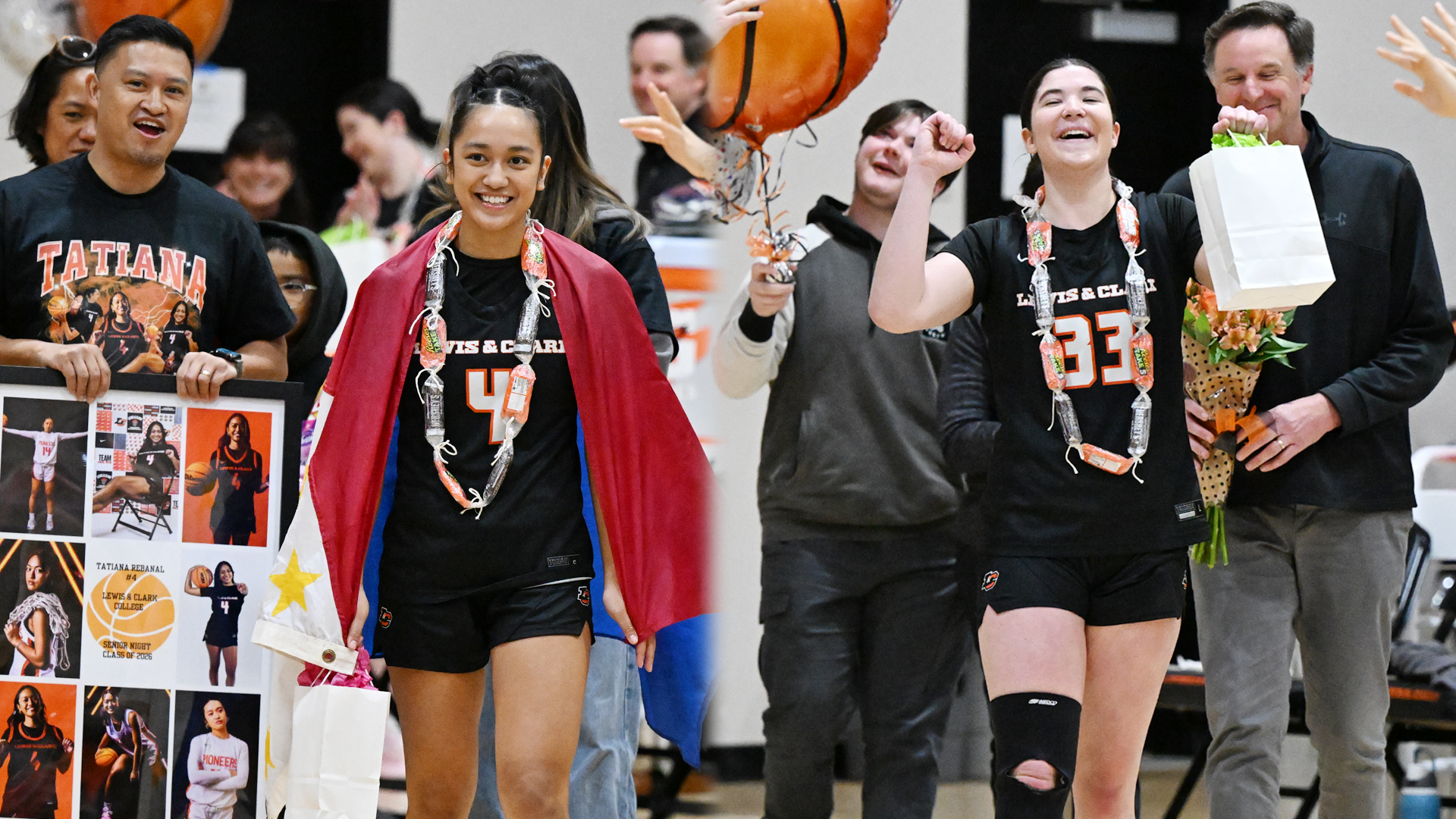 Seniors Tatiana Rebanal (left) and Madelyn Sanchez (right) walk out with their parents on Senior Day
