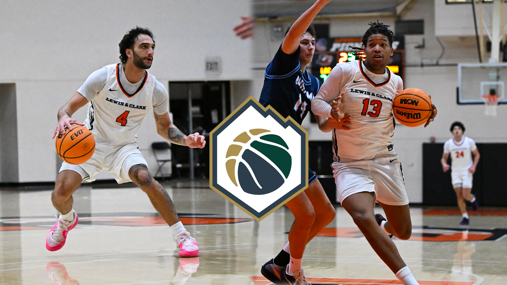 Andre Treadwell dribbles the ball and Justin White shoots the basketball. 