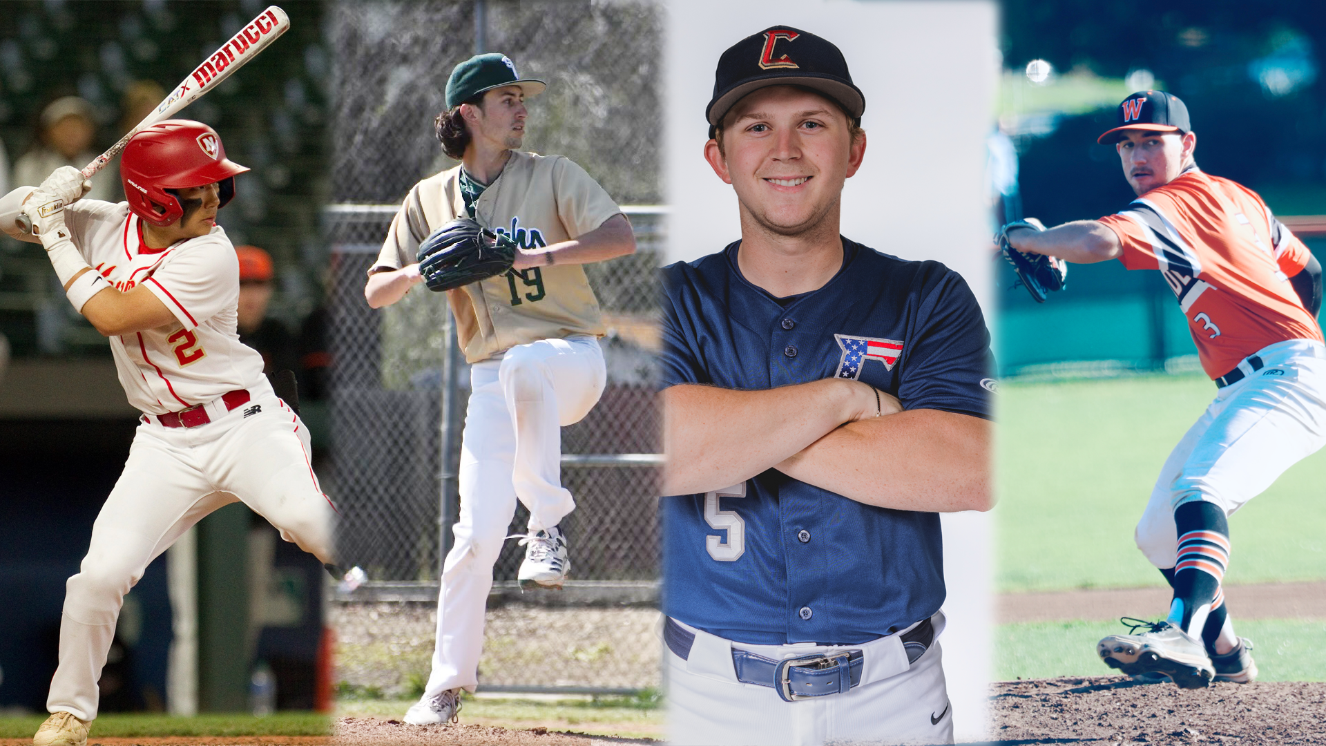 Four baseball newcomers pose for action shots at their previous school