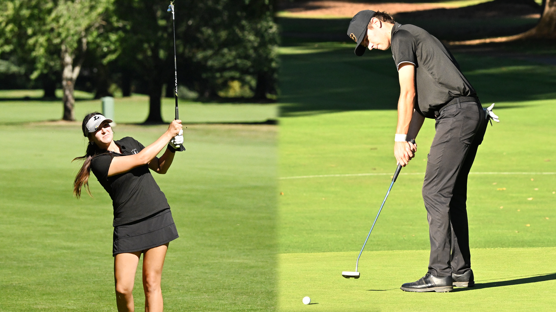 Julia Klenk hits an iron shot (left) and Kenji Pickeral hits a putt (right)