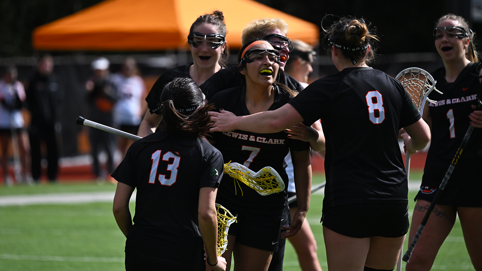 Aviana Gonzales celebrates a goal with teammates. 