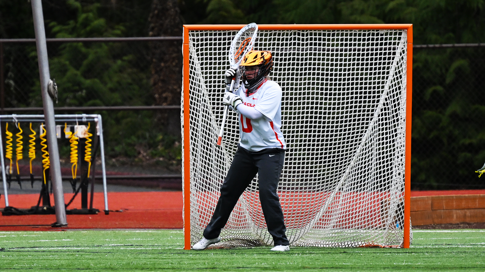 Zoey Hamel-Hyland defends the net in a game against Pacific Lutheran.
