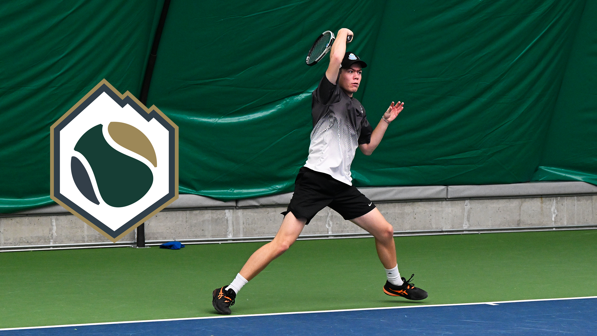 Kaden Sigurdsson hits a baseline forehand in a recent match.