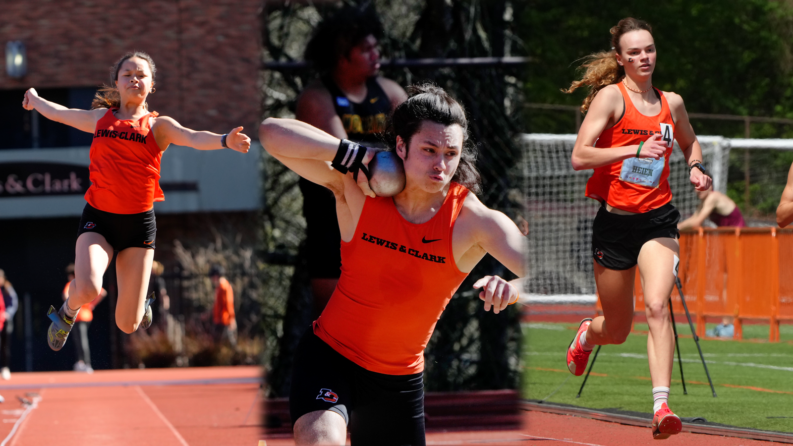 Rose Dinh launches herself in the long jump (left), Andrew Baum gets set to throw the shot put (center) and Malia Heien sprints down a straightaway (right)