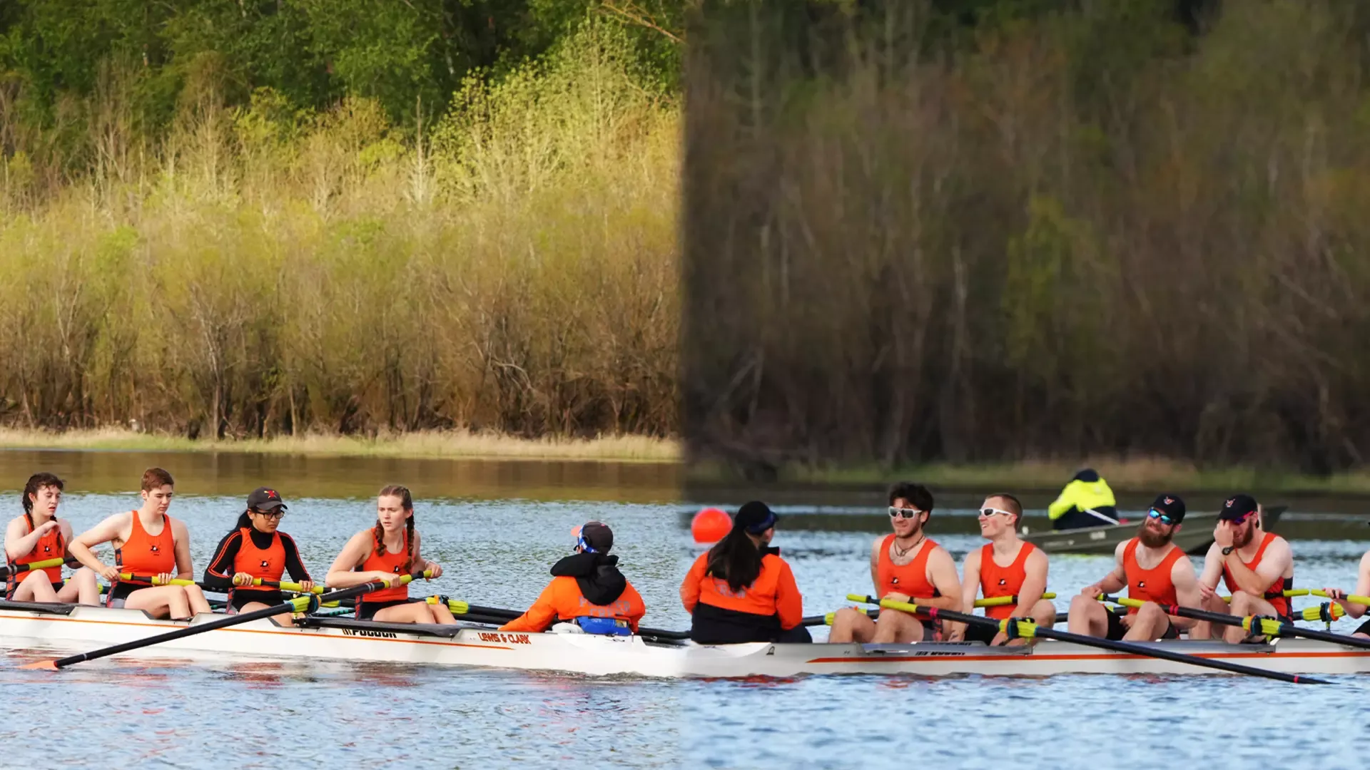 Members of the women's and men's rowing teams are in the boats