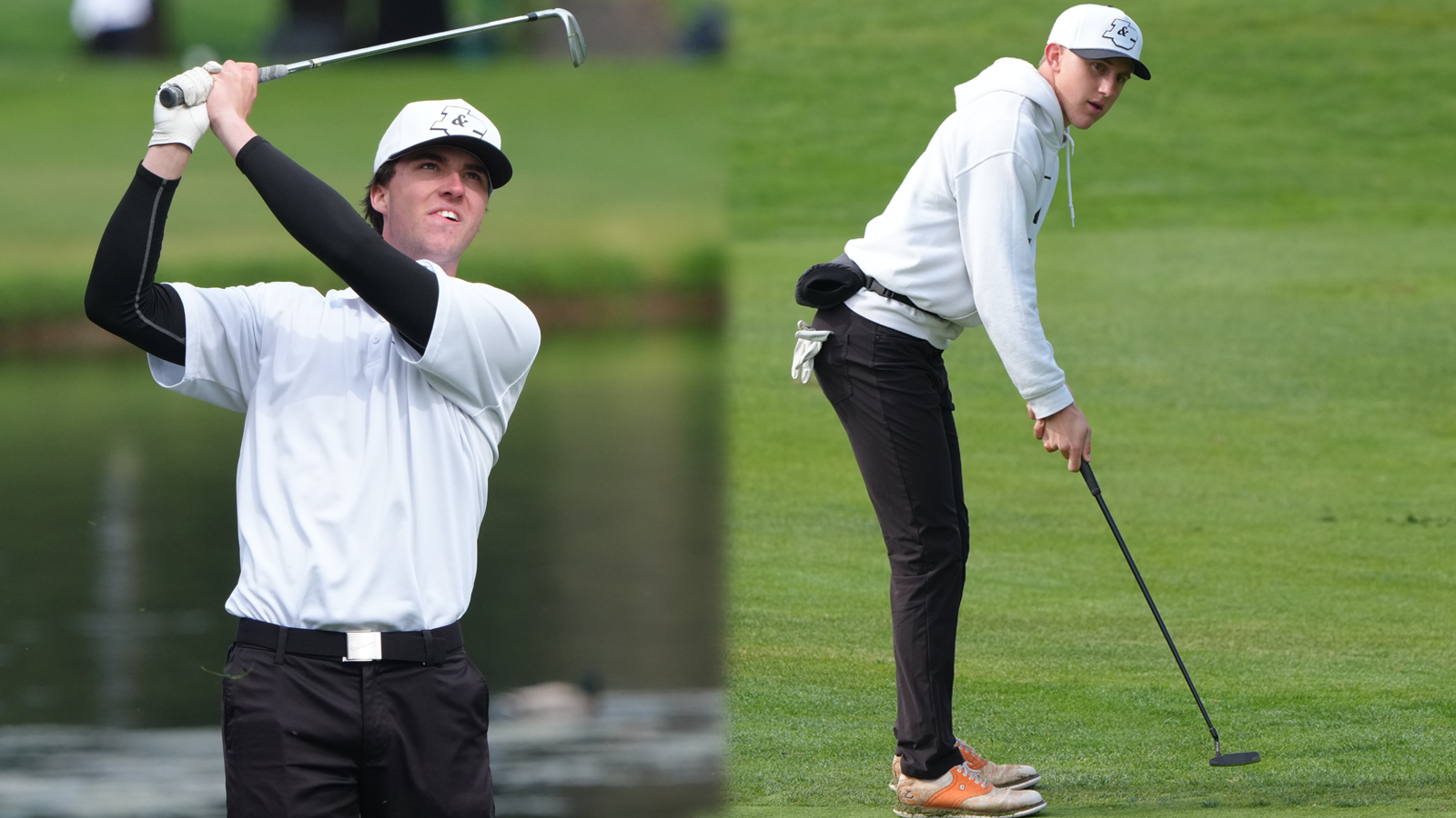 Tanner Moody hits an iron shot (left) and Luke Blankinship watches his putt head towards the hole (right)