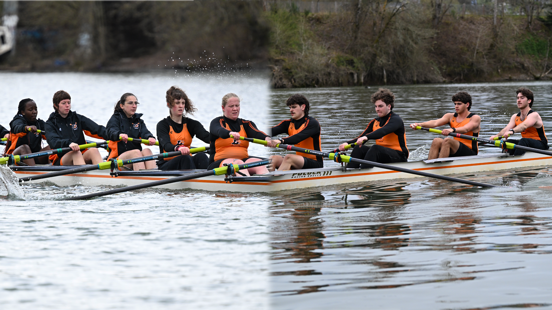 Members of both Wsquad and men's rowing teams are rowing on the Willamette River