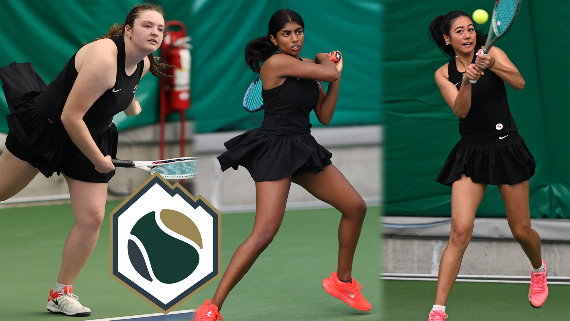 Emma Loucks, Susanna Anand and Charlotte Makoni are hitting the tennis ball.