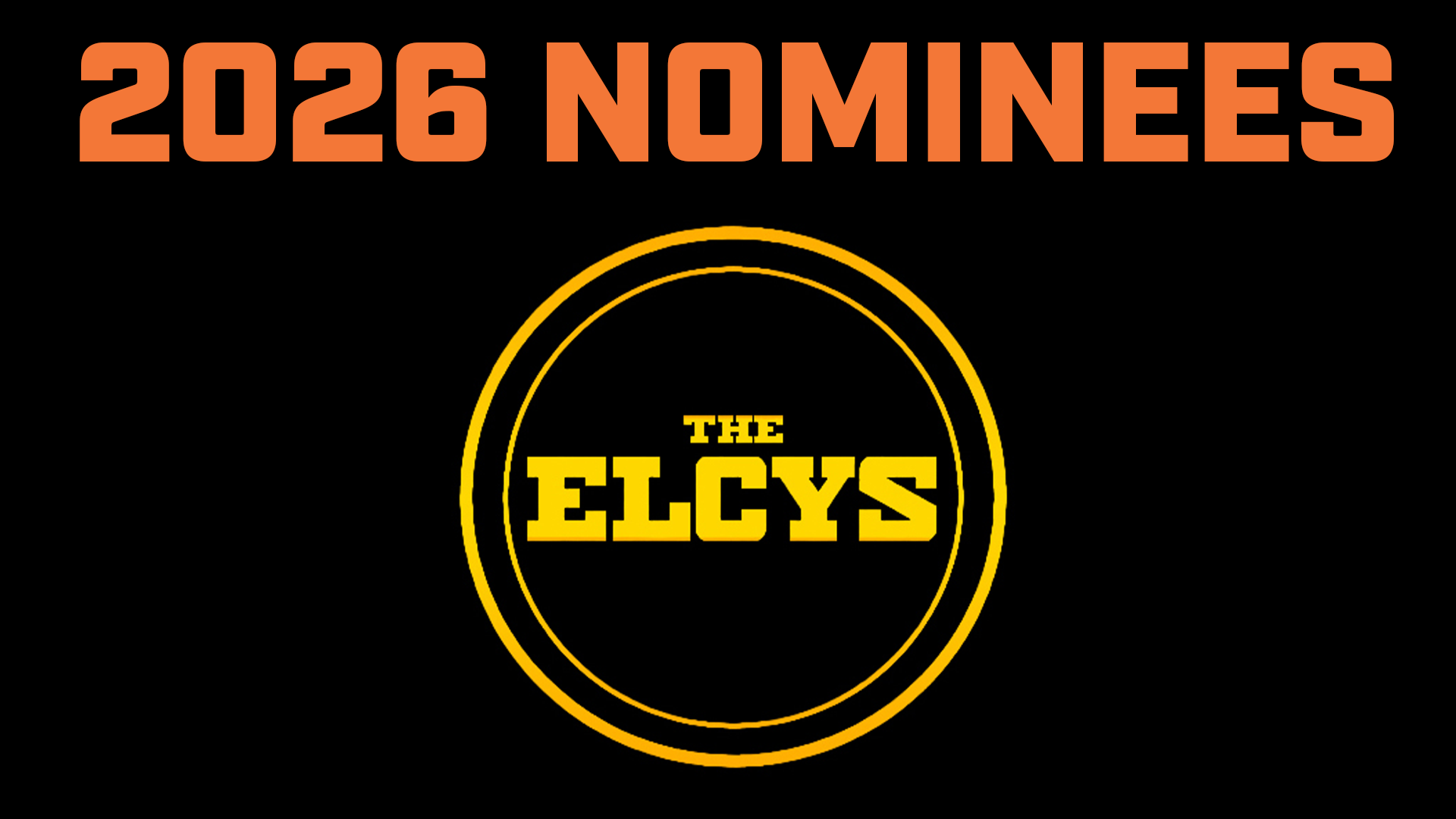 The ELCYS logo in gold on a black background with the words 2026 Nominees above in orange. 