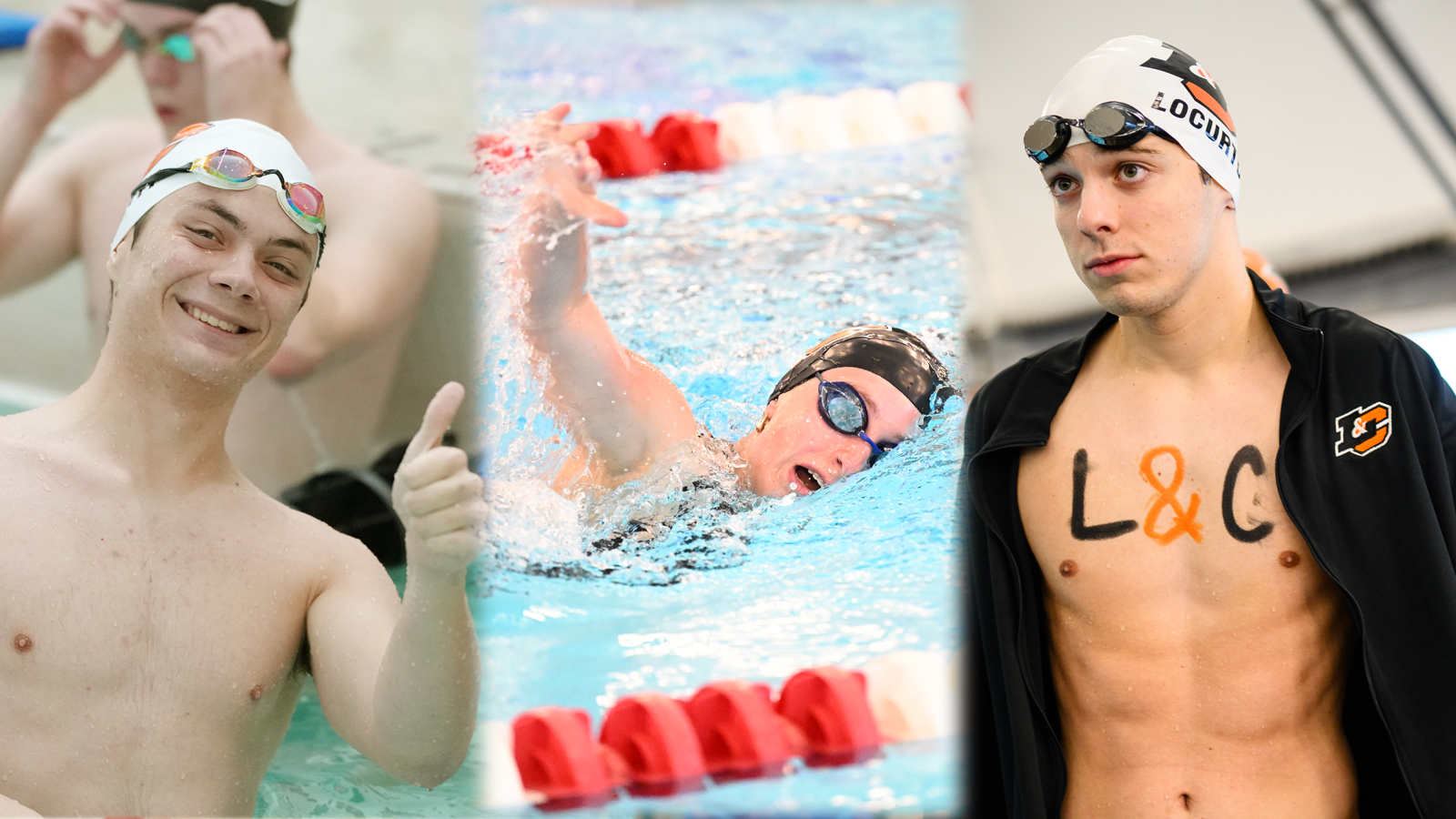 Aidan Beatty gives a thumb up in the pool (left), Claire Hurty swims freestyle (middle), Sam LoCurto walks out onto the pool deck before his race (right)