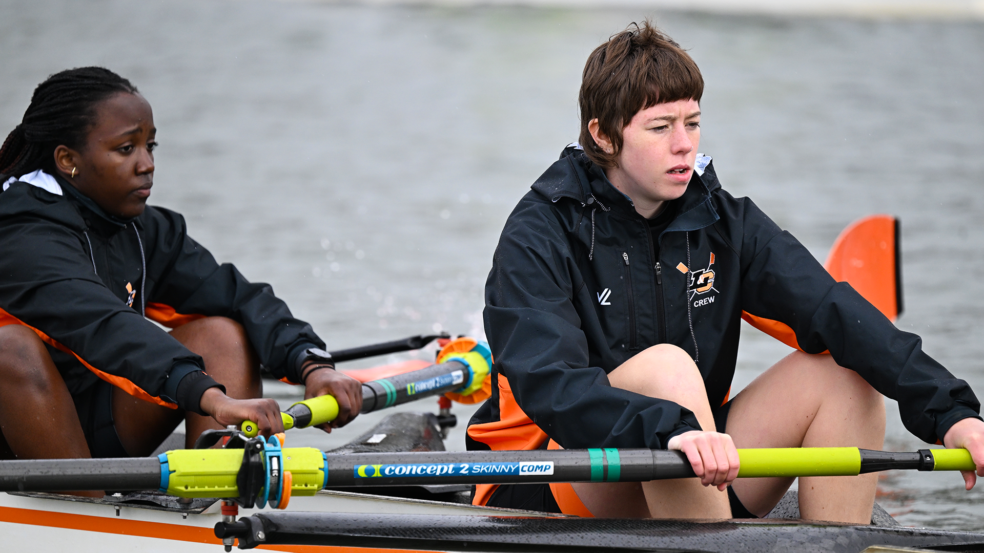Tori Westgate and Daniella Bulafu row during a practice on the Willamette Rver. 