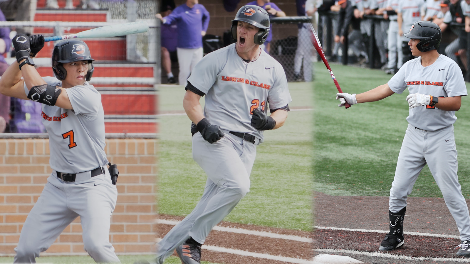 Michael Aikawa stands at the plate ready for the pitch (left), Bret Potter lets out a yell after hitting a home run (center) and Will Michelman gets set for the pitch (right)