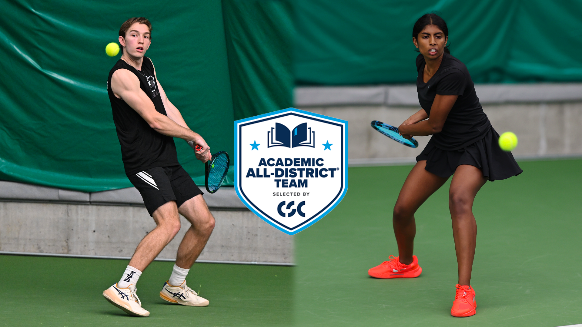 Wade McDermott and Susanna Anand hit the tennis ball 