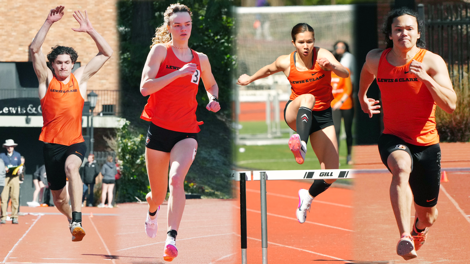 Keegan Zaso (left) and Jon Fritz (right) compete in the triple jump and Malia Heien (left-center) and Elsie Chin (right-center) sprint