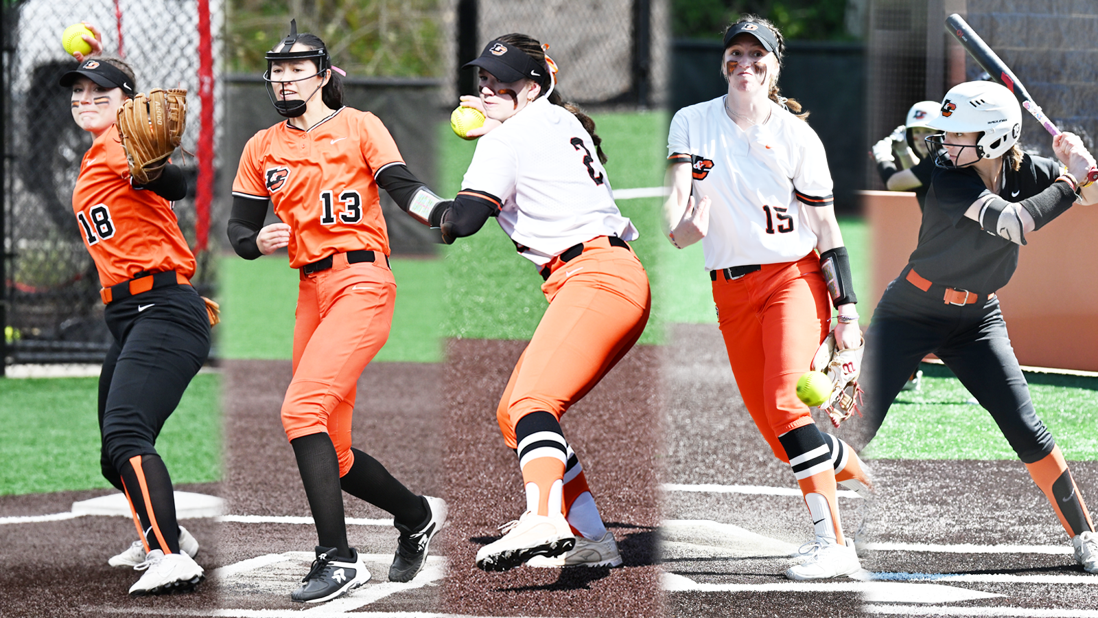 5 softball players pose for photos in athletic stances