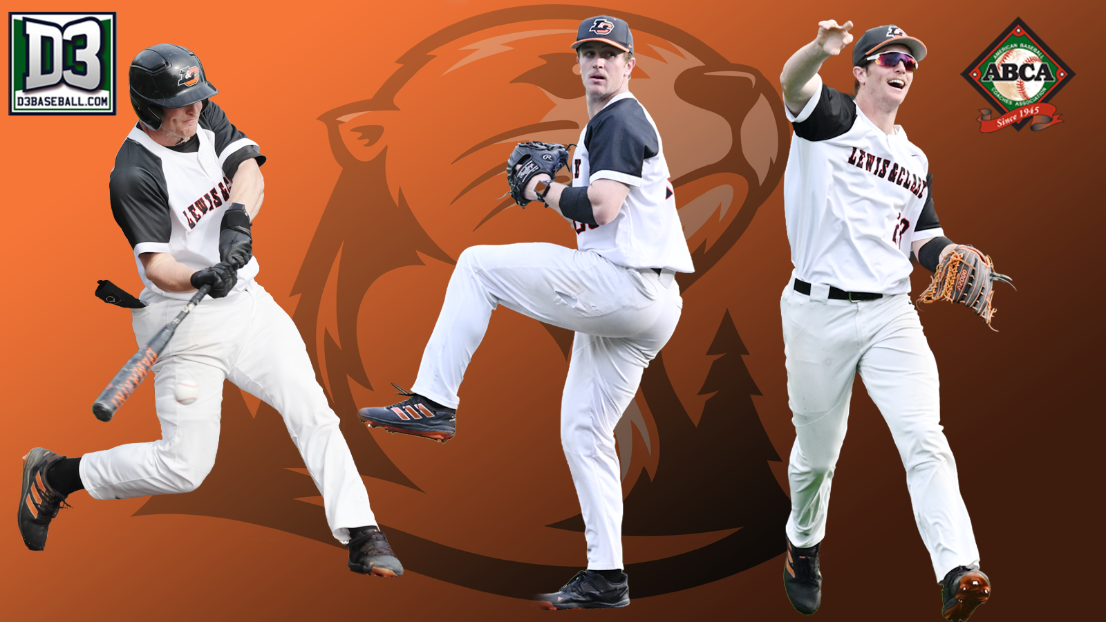 Bret Potter swings (left), throws a pitch (center) and throws the ball in while smiling (right)