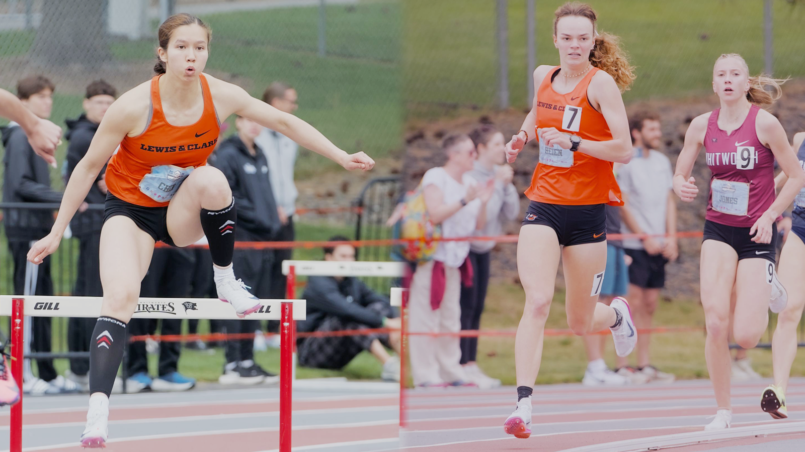Elsie Chin jumps over a hurdle (left) and Malia Heien runs around the curve (right) at the 2026 NWC Championship Meet