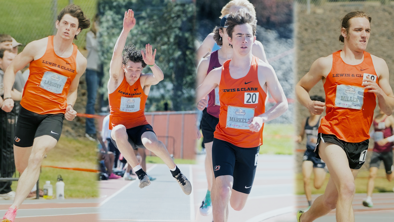 Jordan Lahusky sprints (left), Keegan Zaso jumps (left-center), Evan Markelz sprints (right-center) and Emil Miller runs (right)