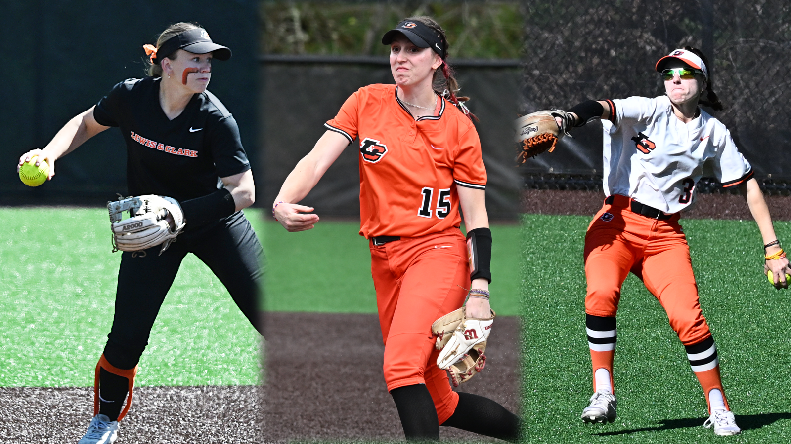 Emily Patton (left) and Madison Scroggins (right) get set to throw and Maggie O'Leary (center) throw a pitch