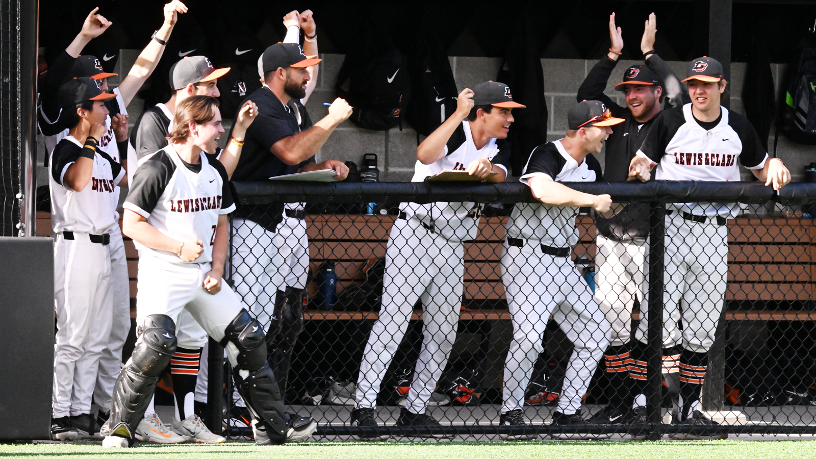 Baseball players celebrate a big hit in their dugout 