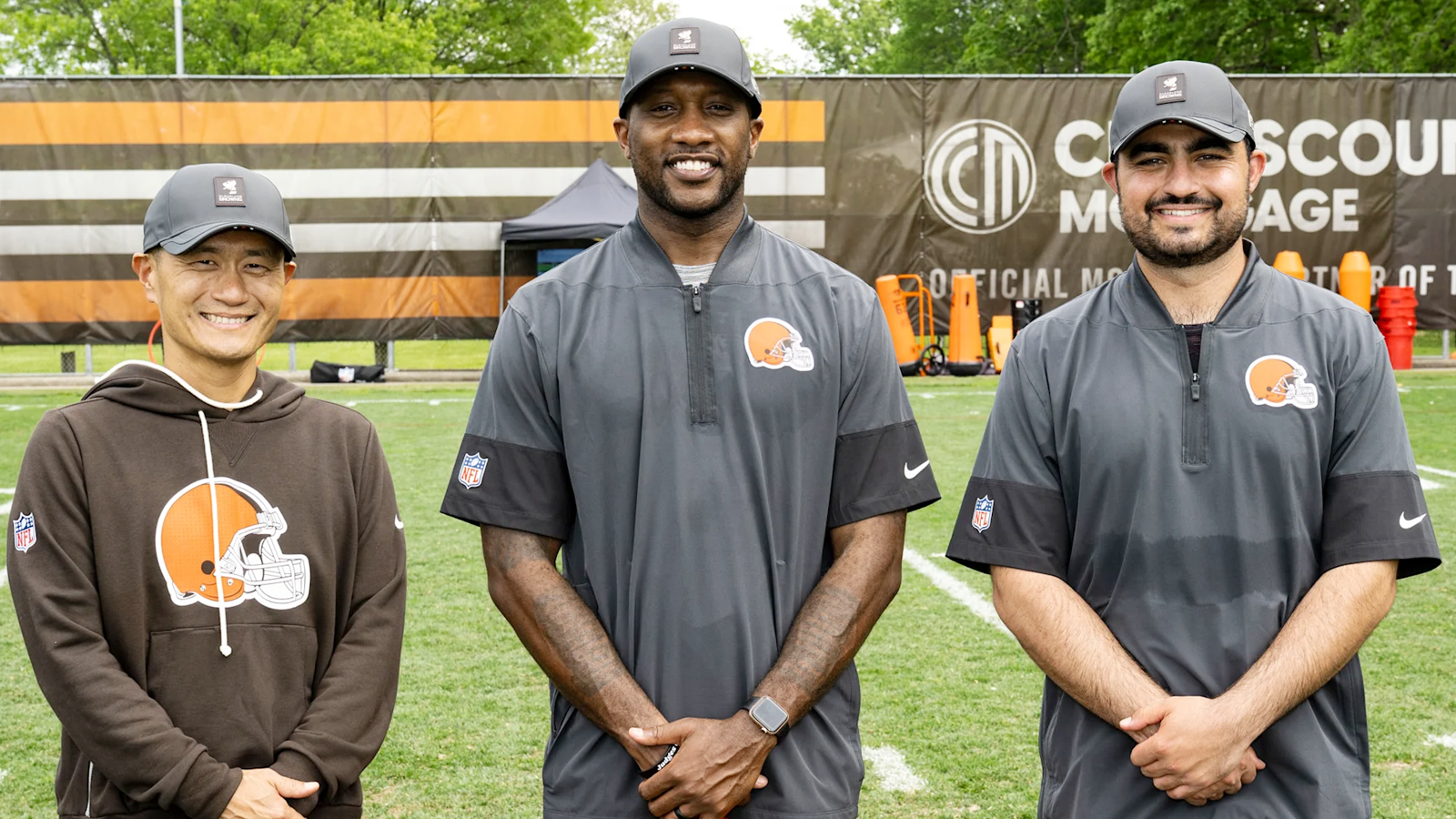 Mike Machado poses with two other Cleveland Browns Bill Walsh Fellows
