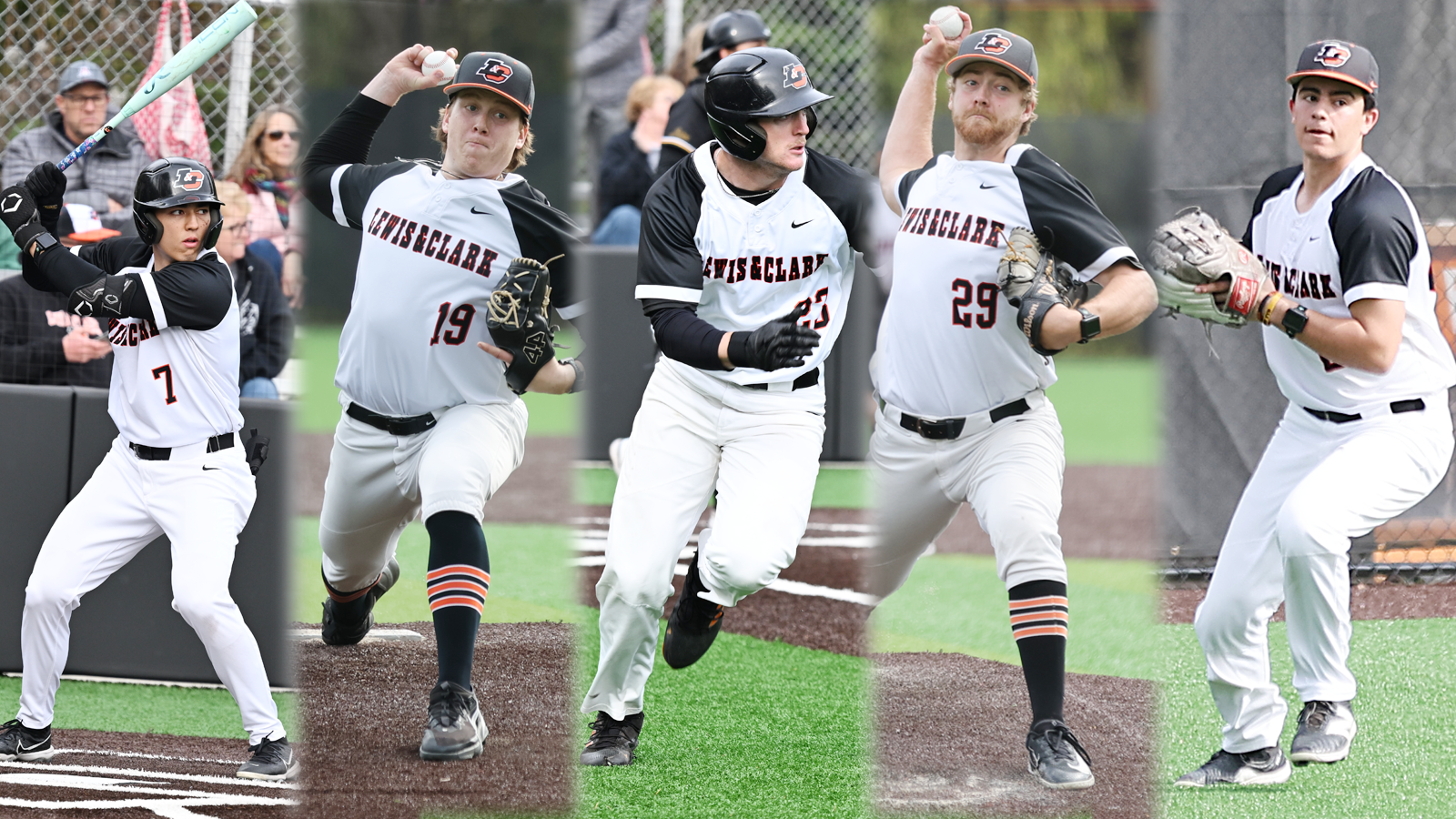Five baseball players pose for action shots: Aikawa (steps to the plate), Foster (pitches), Potter (runs to first base), Kerr (pitches), Michelman (gets set to throw the ball to the infield)