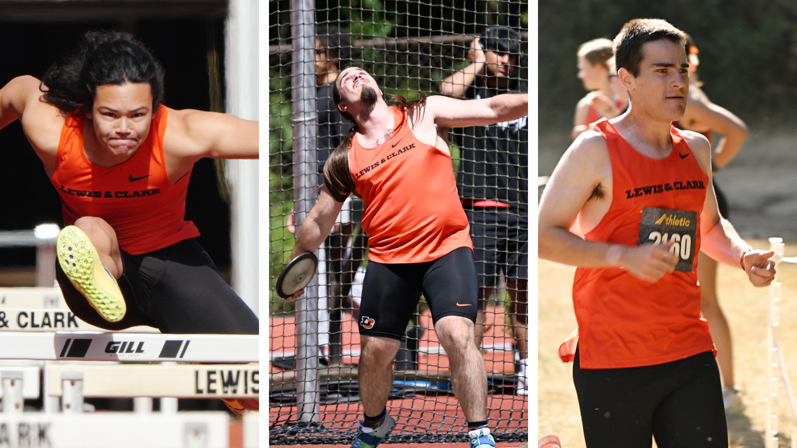 Jon Fritz jumps over a hurdle (left), Liam Stanley throws the discus (center) and Joseph Naylor runs up a hill (right)