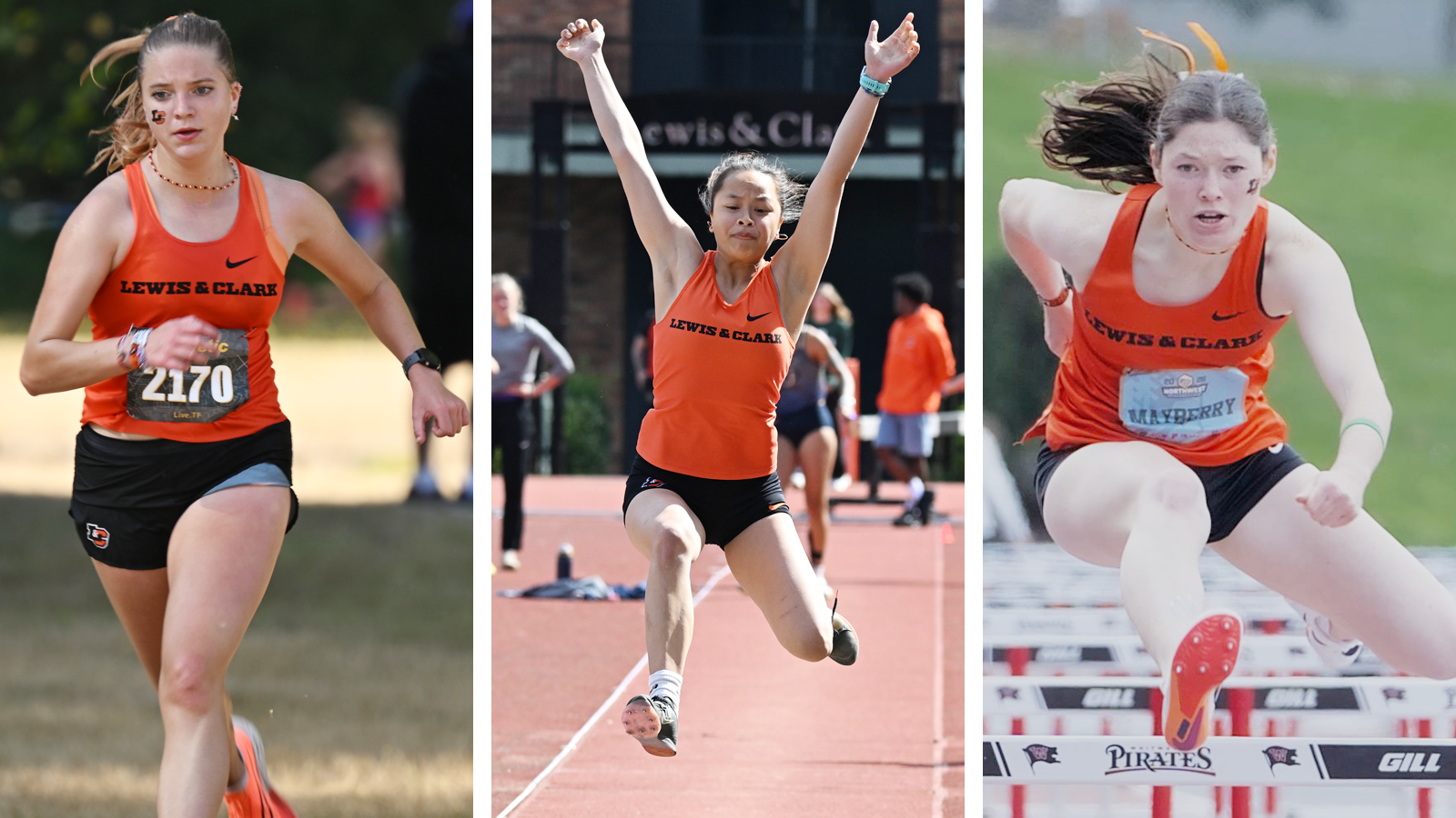 Emogene Lutz runs up a hill (left), Rose Dinh competes in the long jump (center) and Carolyn Mayberry clears a hurdle (right)