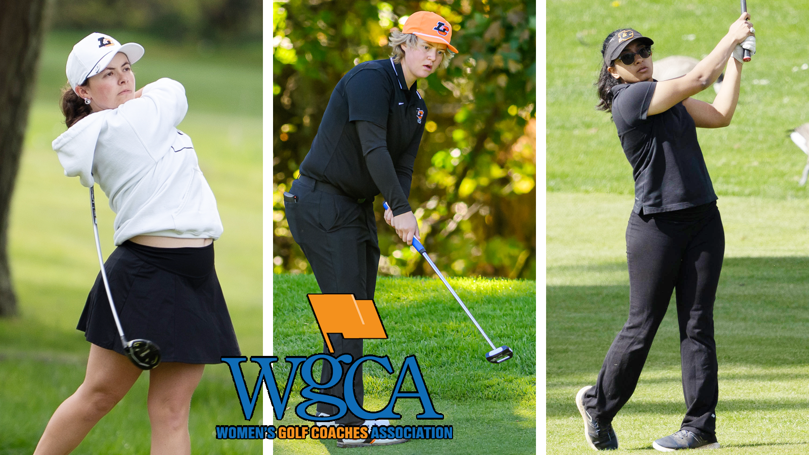 Evie Denton watches her iron shot fly (left), Darwyn Kormany watches her putt (center) and Ahika Jani watches her iron shot fly (right)