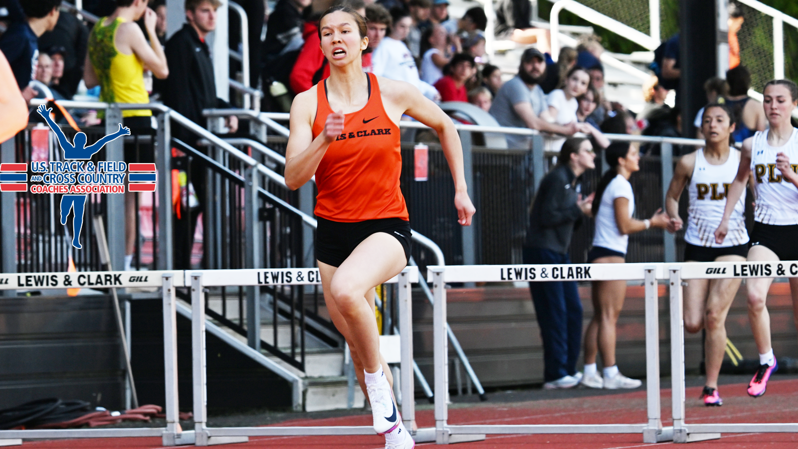 Elsie Chin sprints down the straightaway at the end of the 400M Hurdles