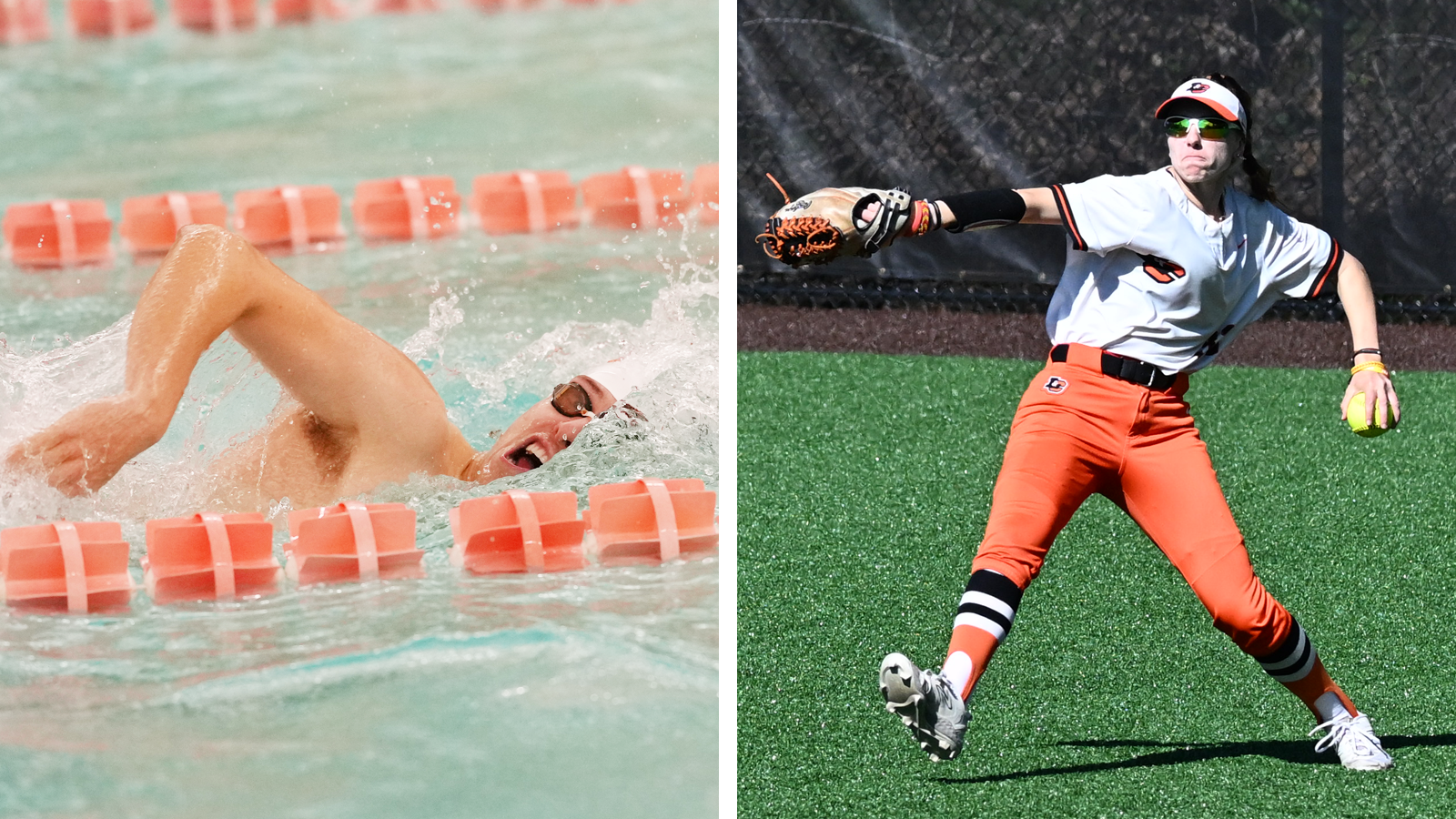 Zach Martin swims the freestyle (left) and Madison Scroggins throws the ball into the infield (right)