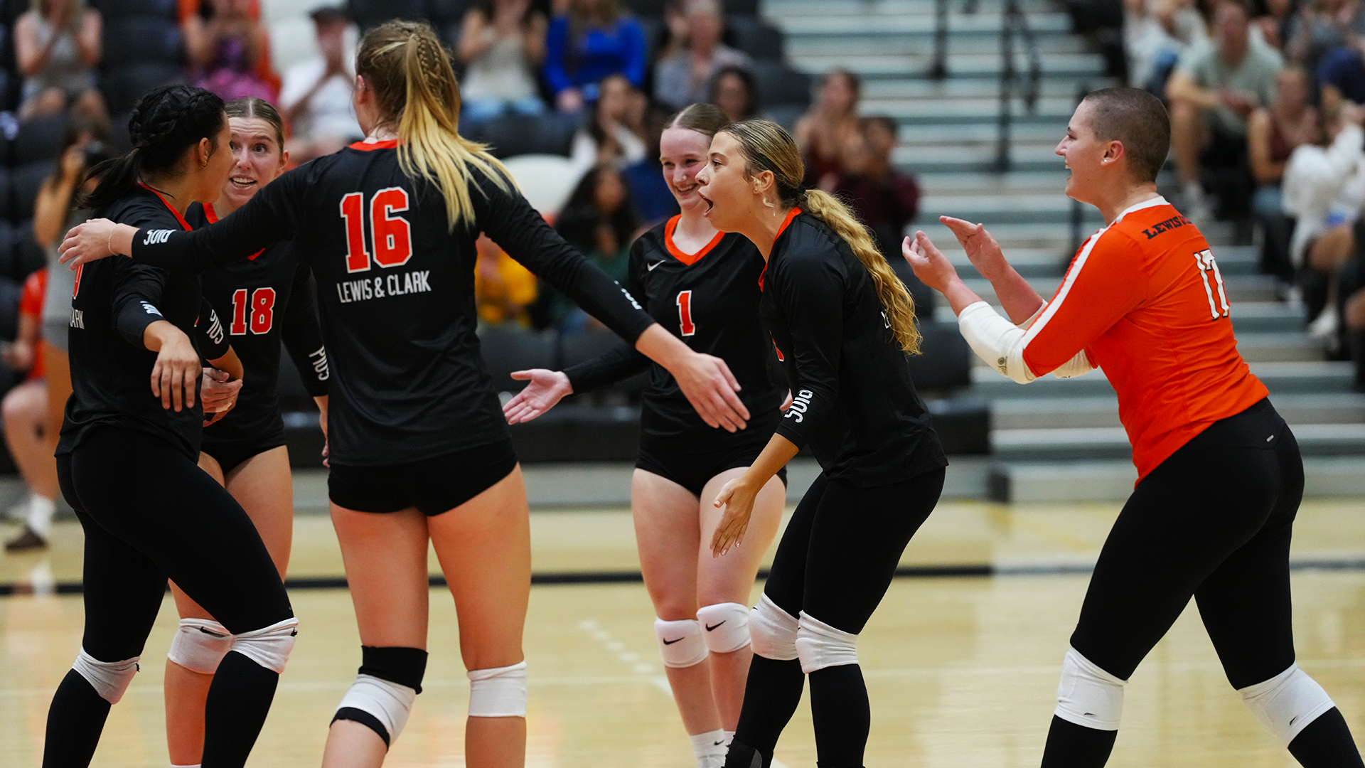 Members of the volleyball team celebrate a point. 