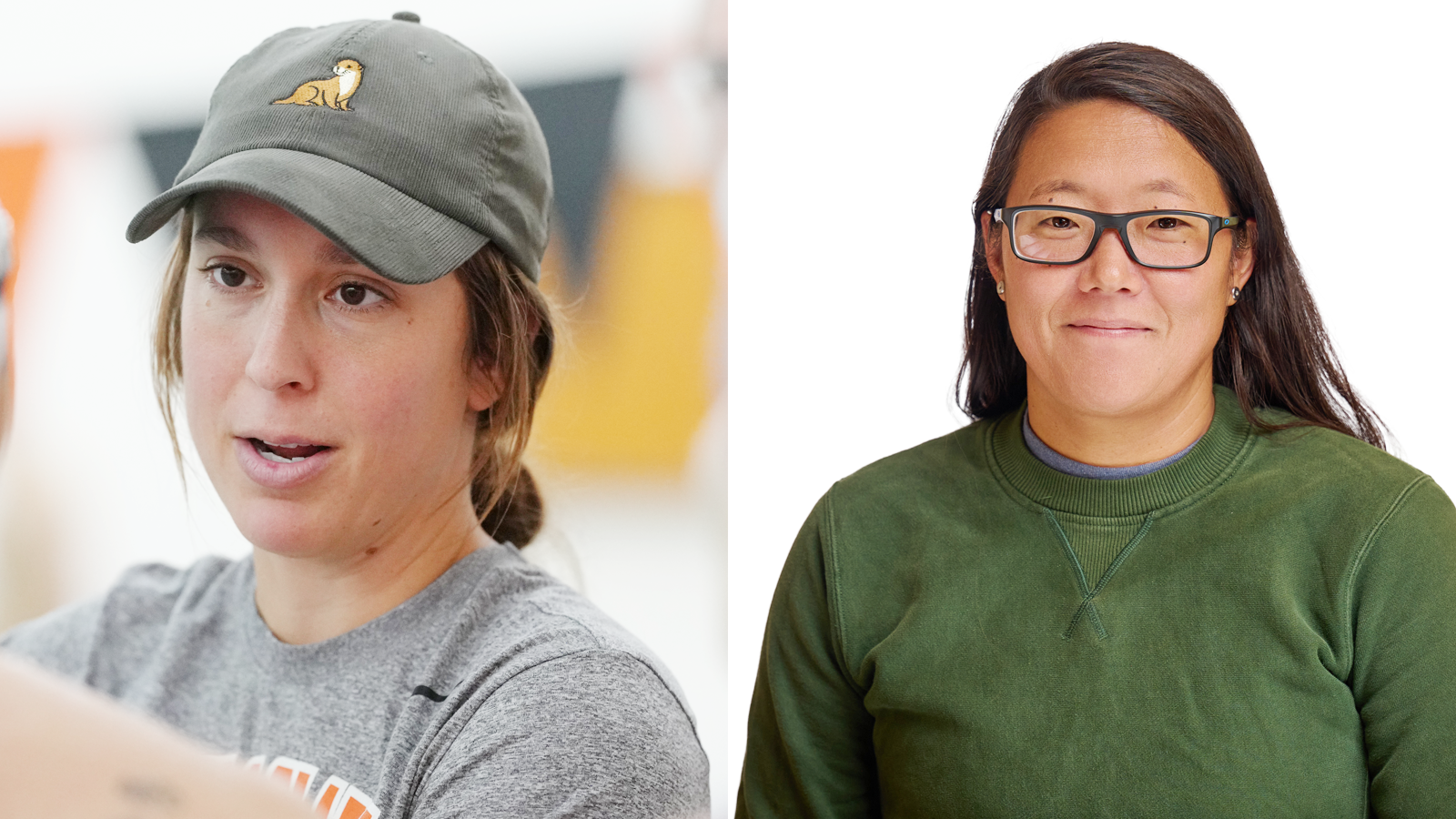 Caitlin Denise talks to a student-athlete on the pool deck (left) and Emily Melina (right) poses for a headshot in front of a white backdrop