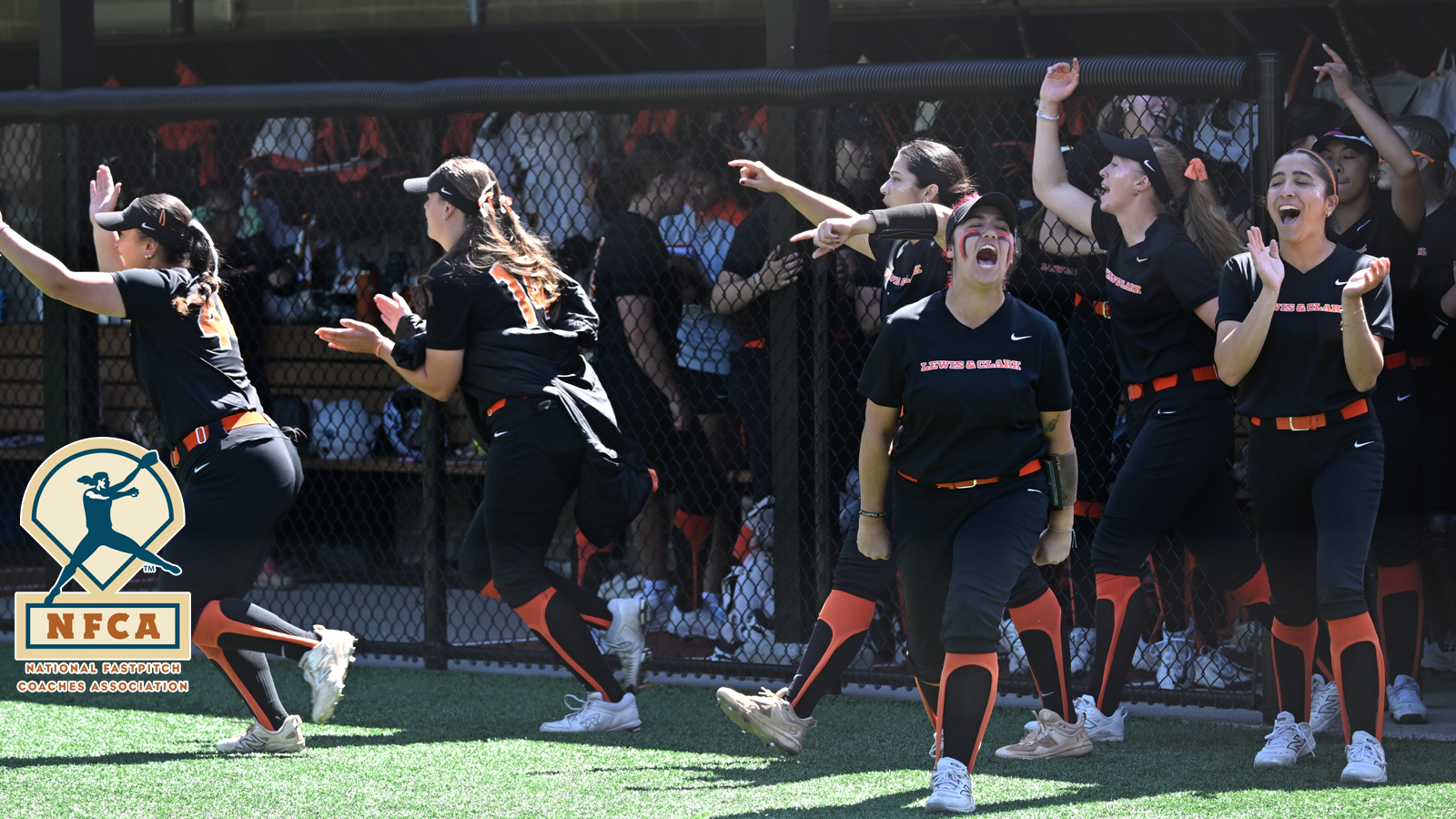 Softball players stream out of the dugout after a walk-off win